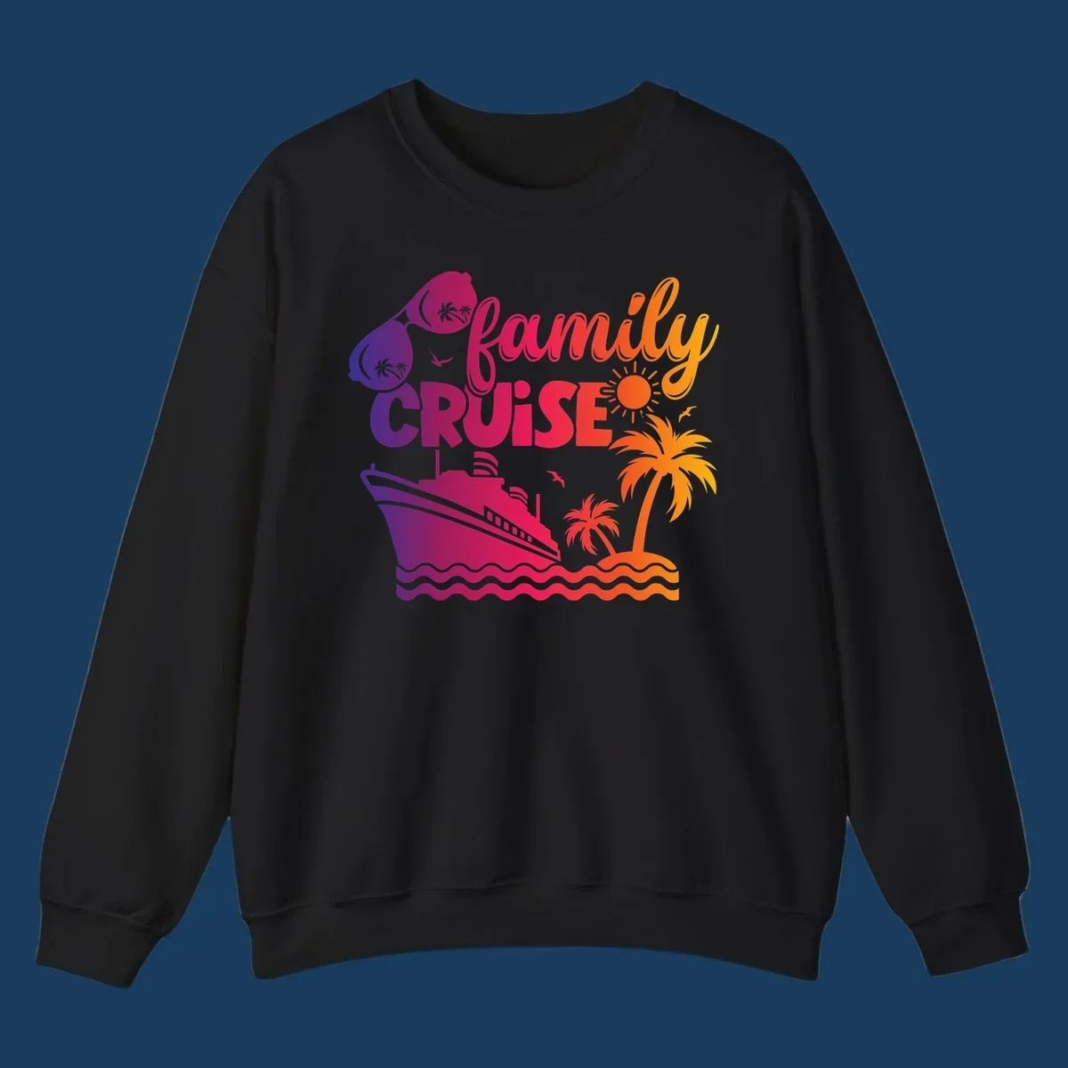Family cruise design with sunglasses, cruise ship, palm trees, and tropical island. family-cruise-vibes.