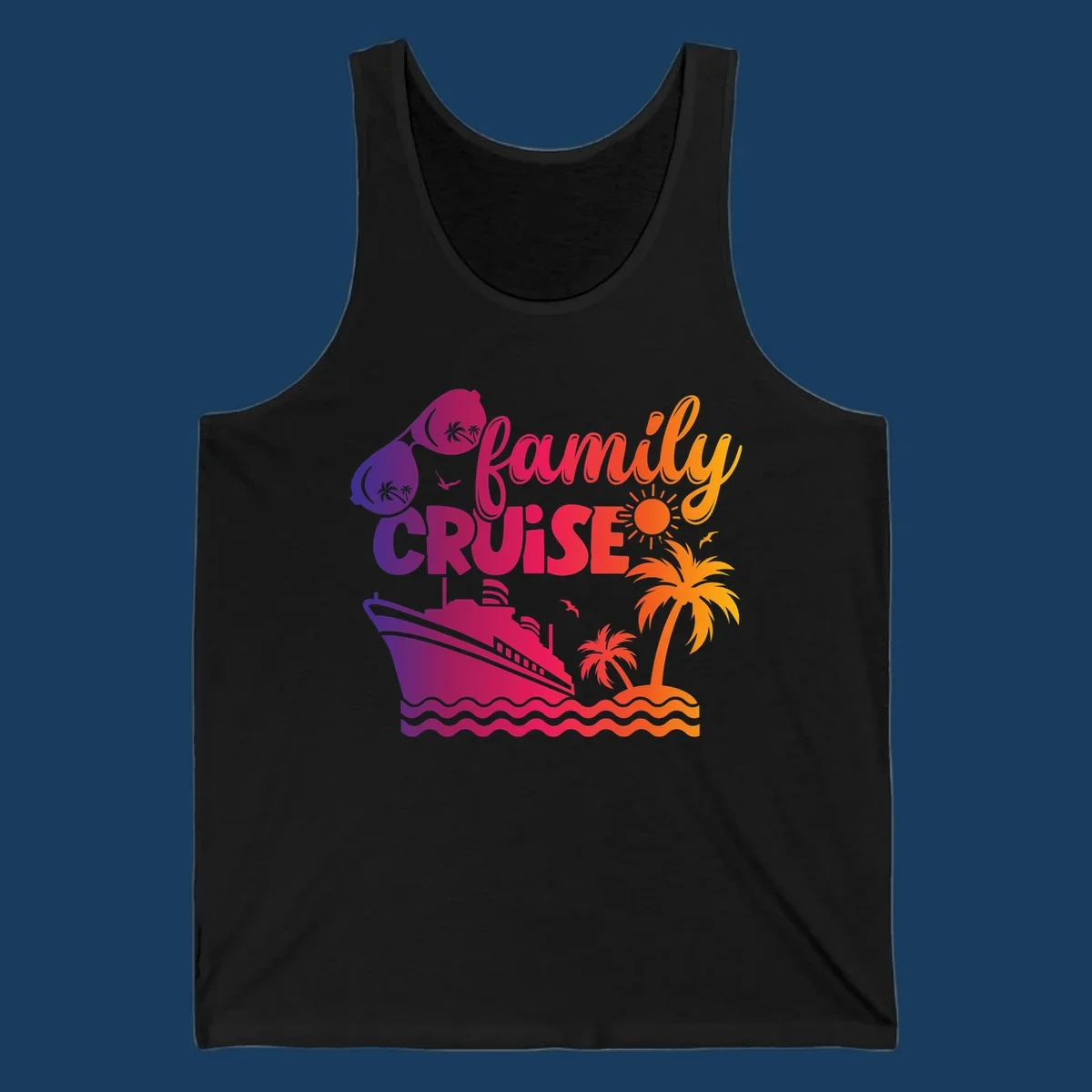 Family cruise design with sunglasses, cruise ship, palm trees, and tropical island. family-cruise-vibes.