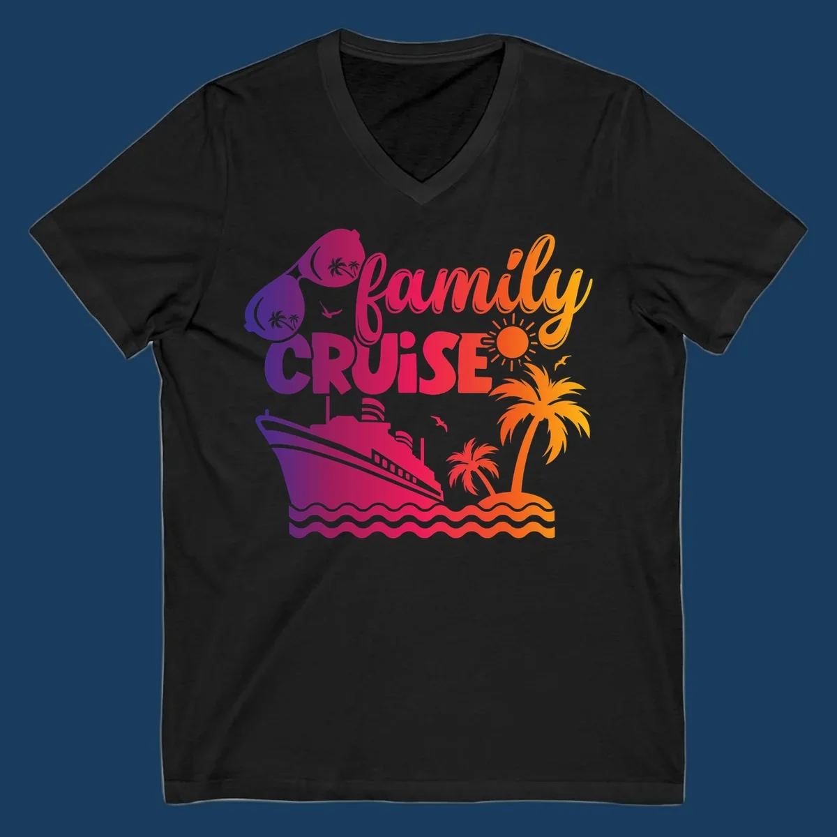 Family cruise design with sunglasses, cruise ship, palm trees, and tropical island. family-cruise-vibes.