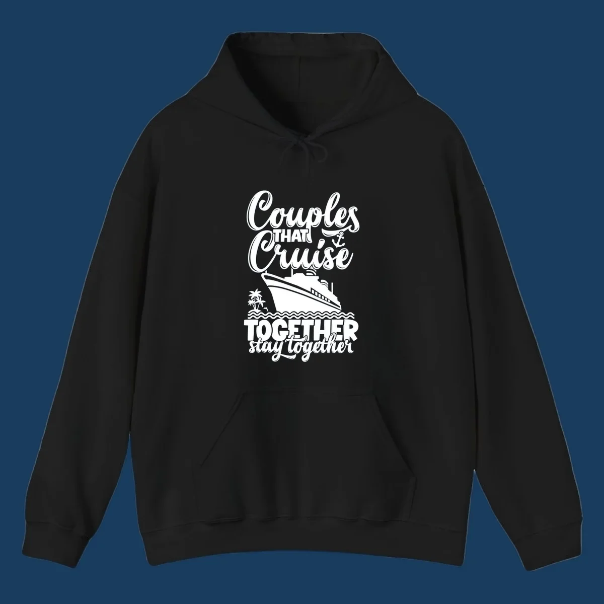 Couples cruise together text and illustration with cruise ship and palm trees.