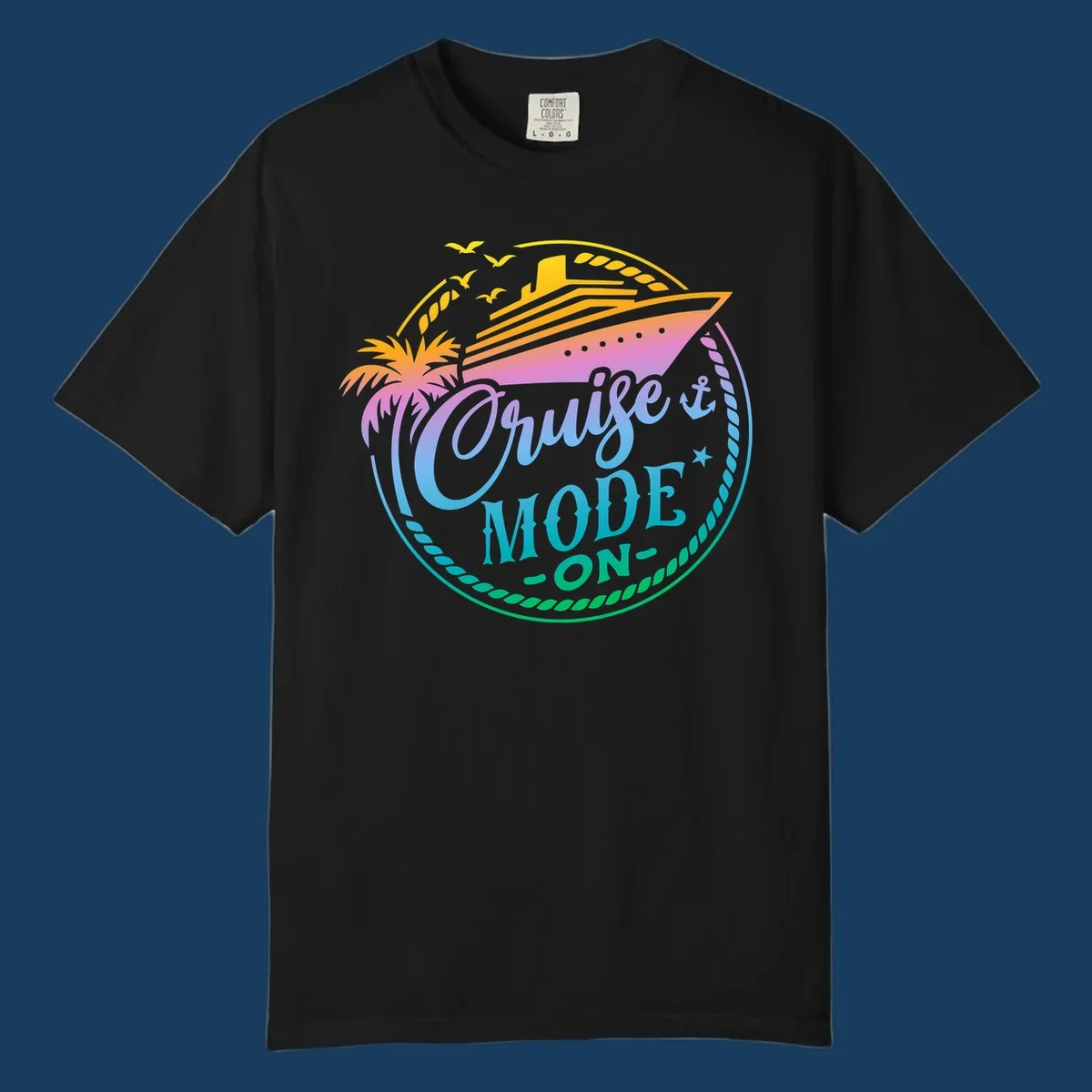 Cruise Mode On graphic with ship, palm tree, and text.
