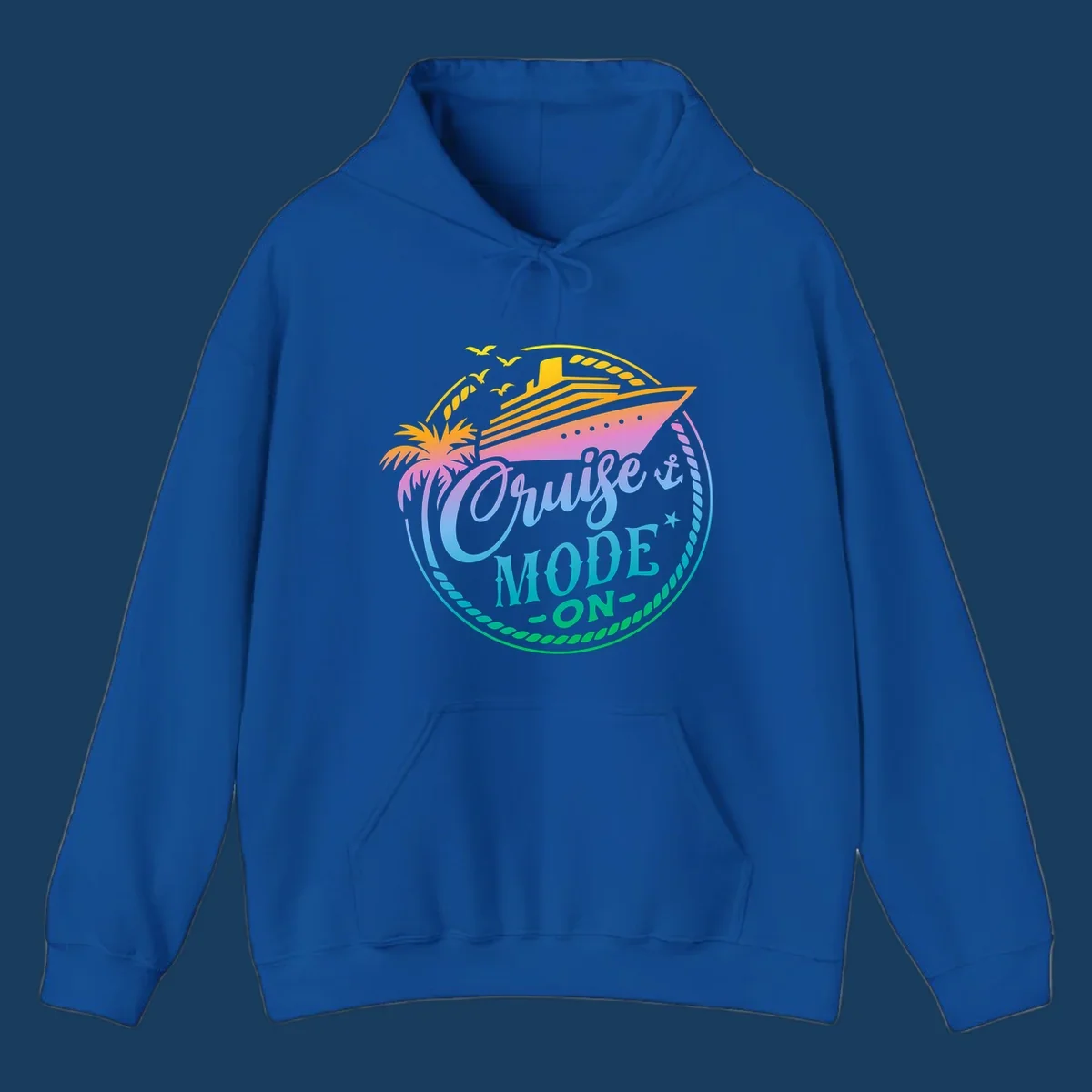 Cruise Mode On graphic with ship, palm tree, and text.