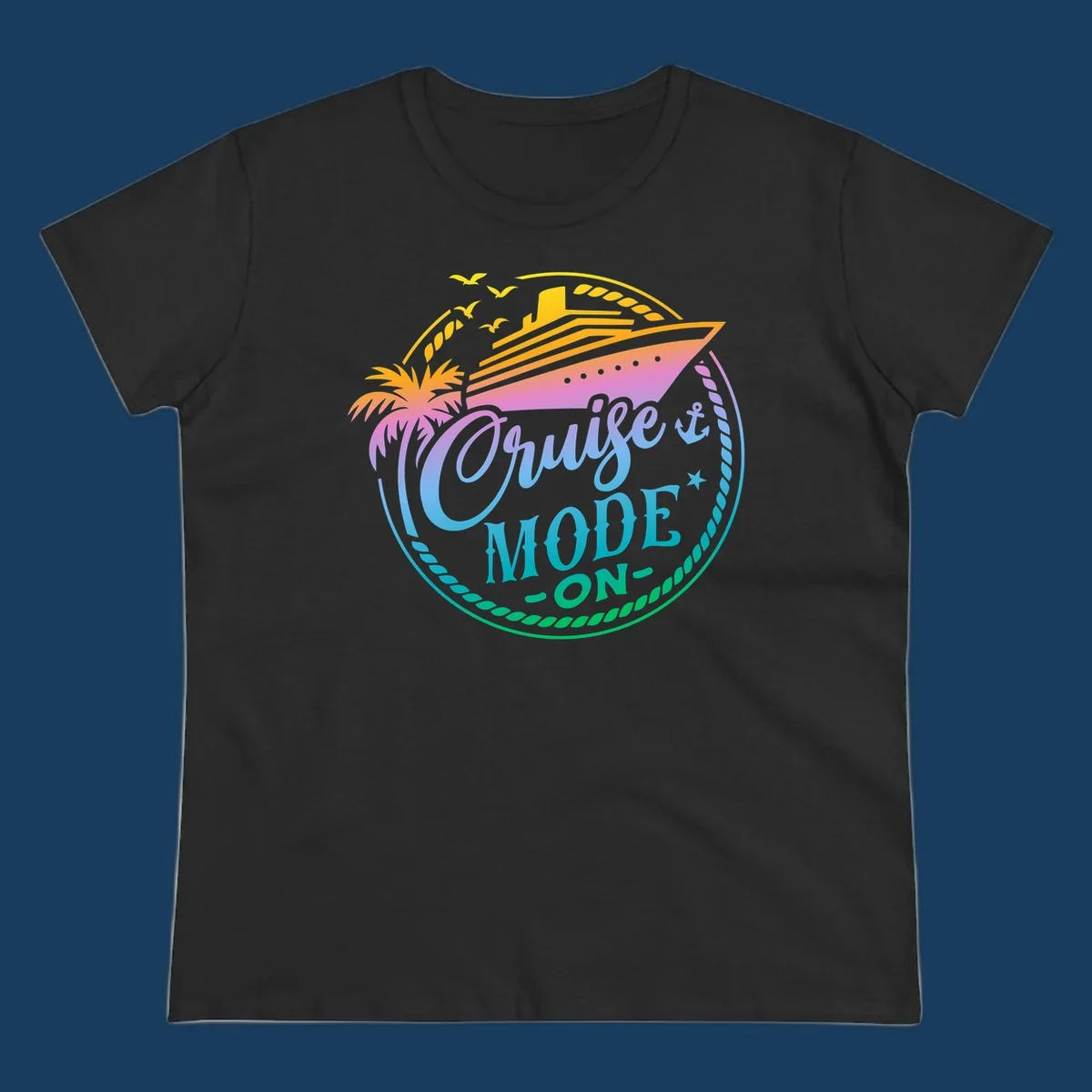 Cruise Mode On graphic with ship, palm tree, and text.