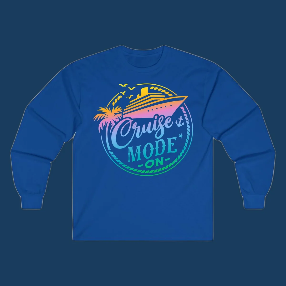 Cruise Mode On graphic with ship, palm tree, and text.