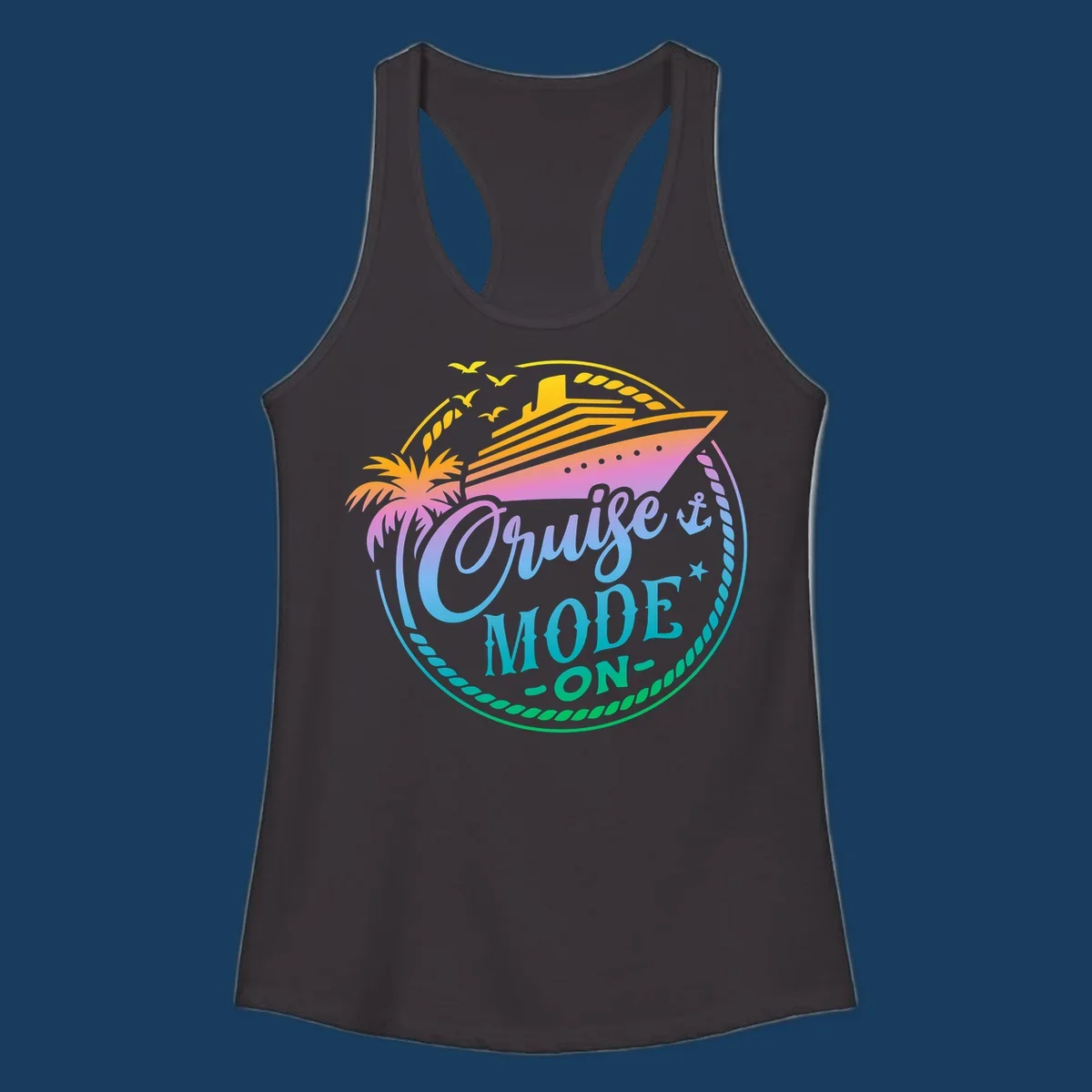 Cruise Mode On graphic with ship, palm tree, and text.