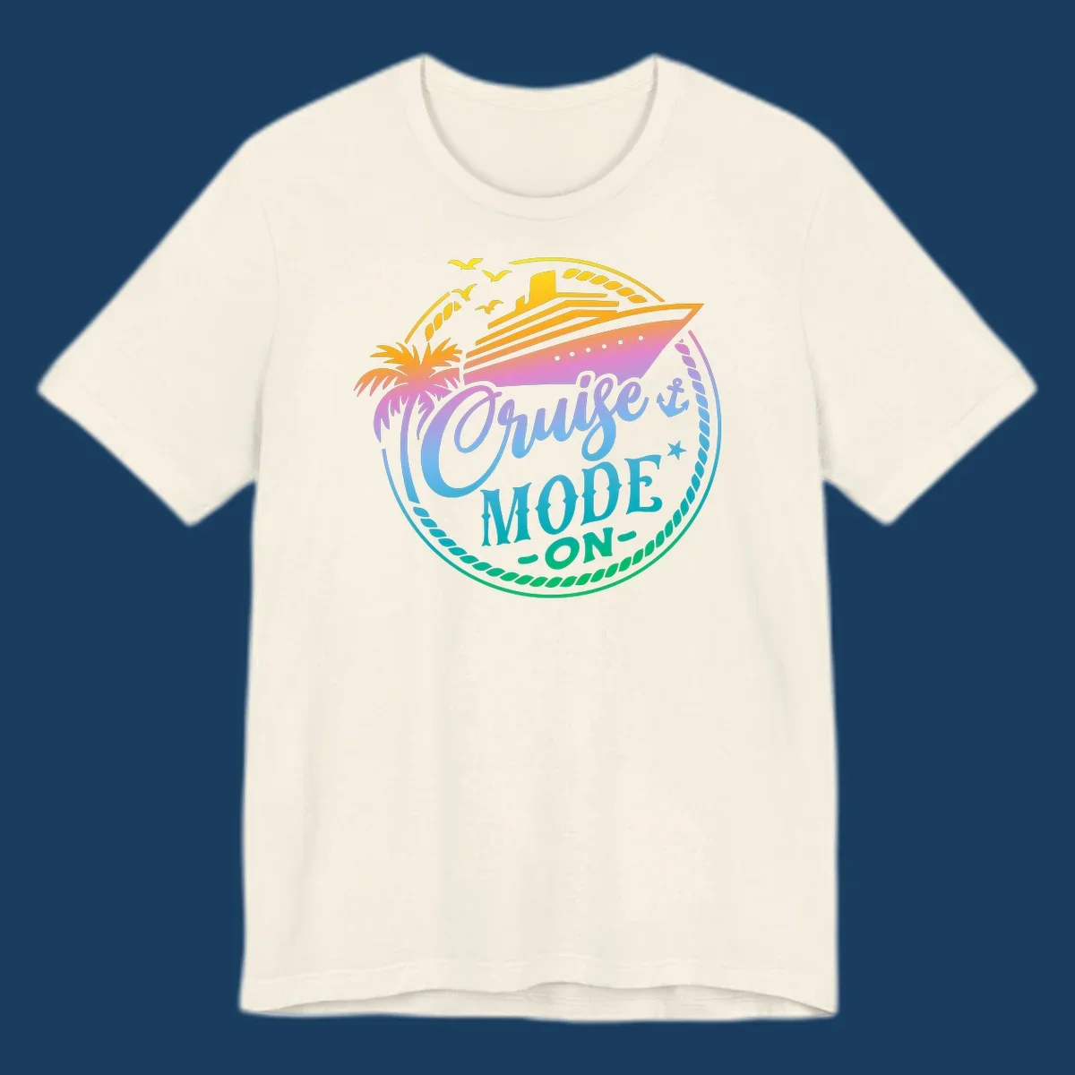 Cruise Mode On graphic with ship, palm tree, and text.