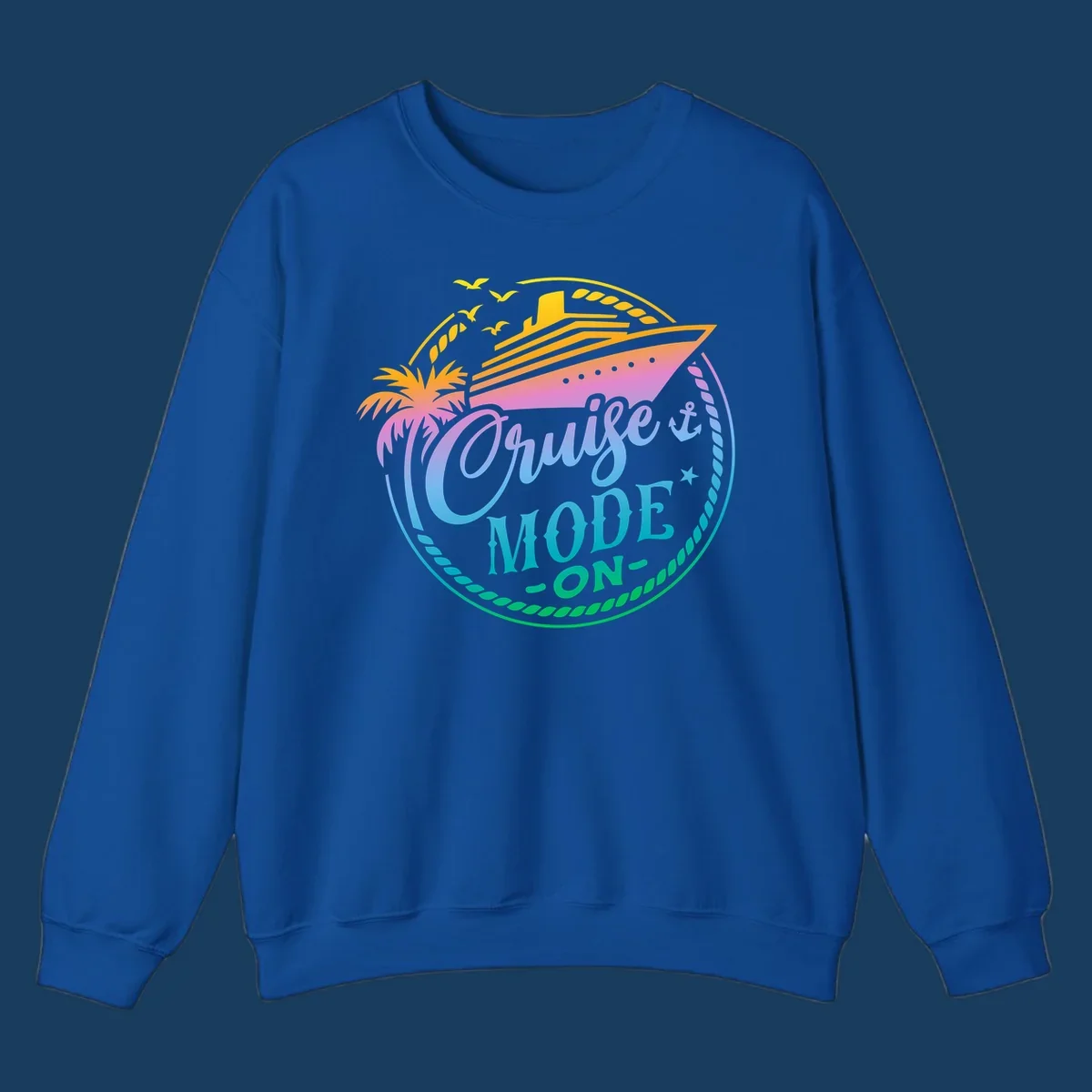 Cruise Mode On graphic with ship, palm tree, and text.
