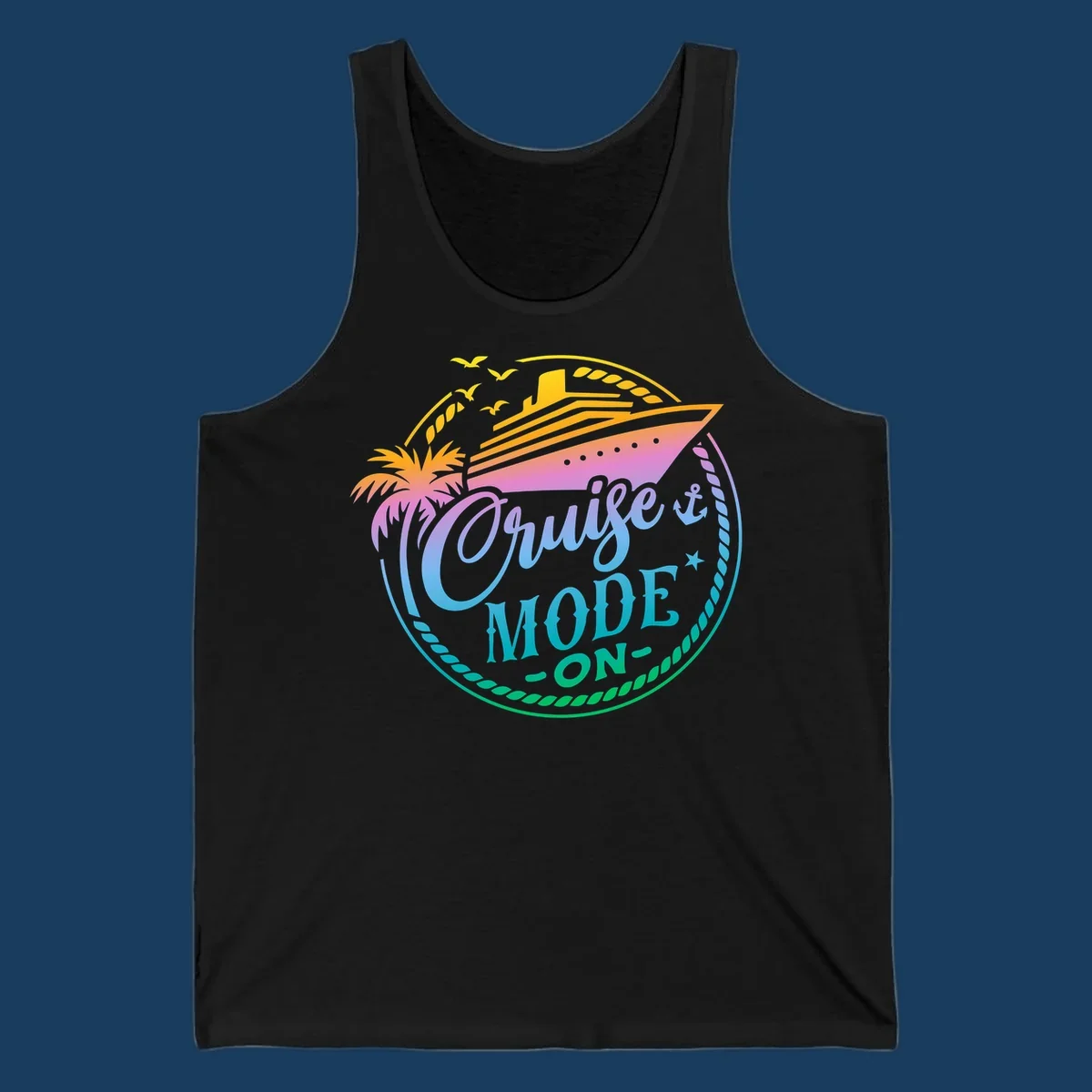 Cruise Mode On graphic with ship, palm tree, and text.