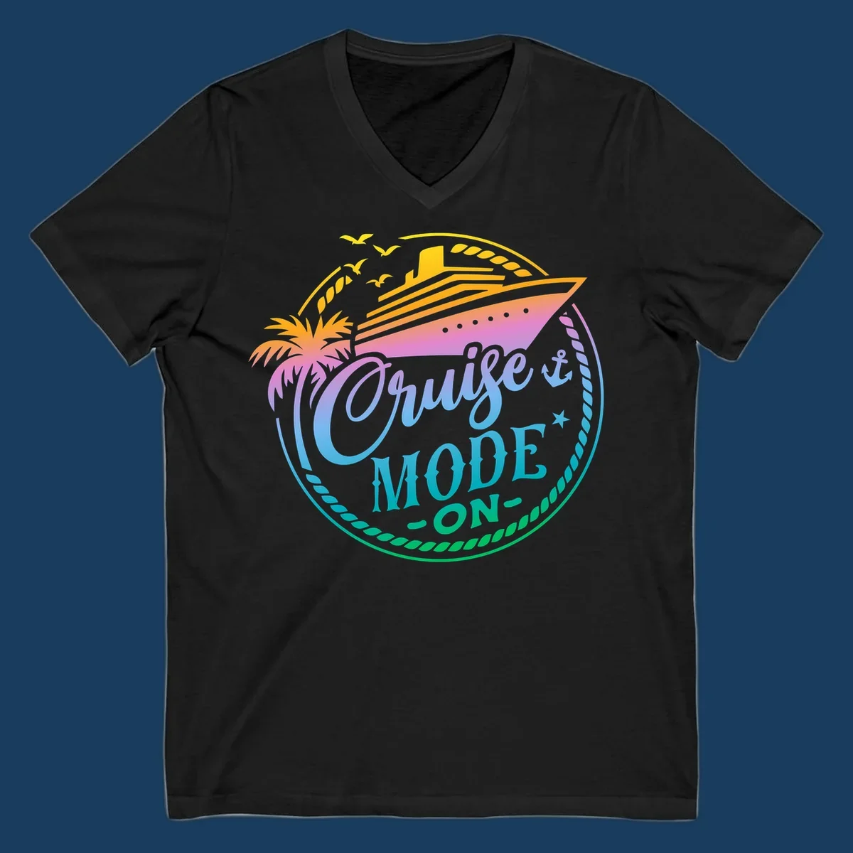 Cruise Mode On graphic with ship, palm tree, and text.