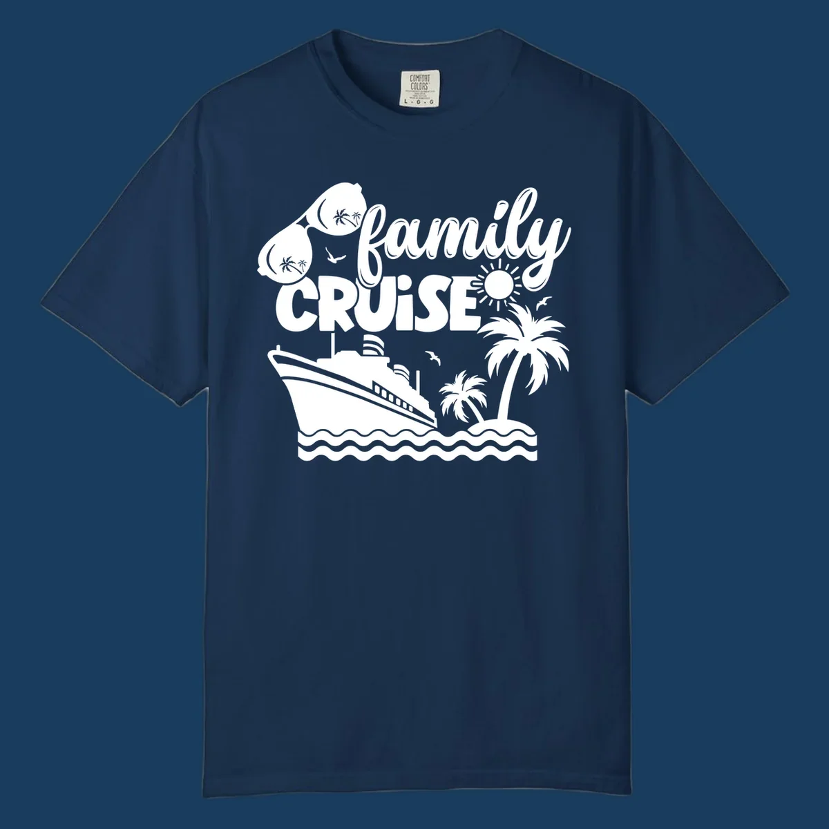 family-cruise-vacation illustration with ship, palm trees, sunglasses and text