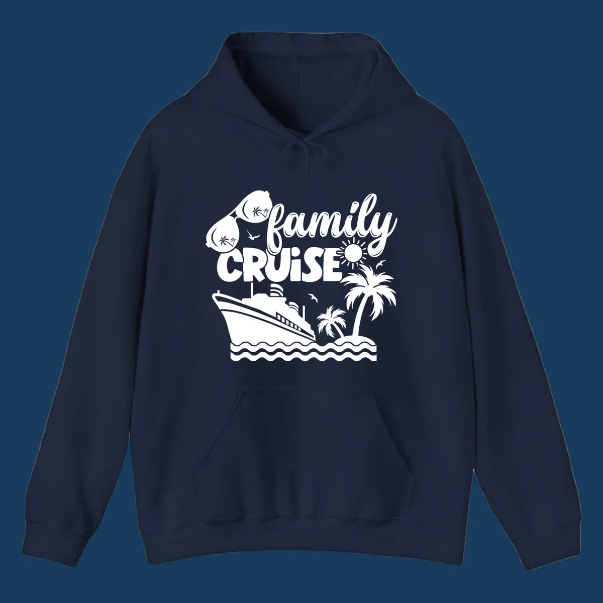 family-cruise-vacation illustration with ship, palm trees, sunglasses and text