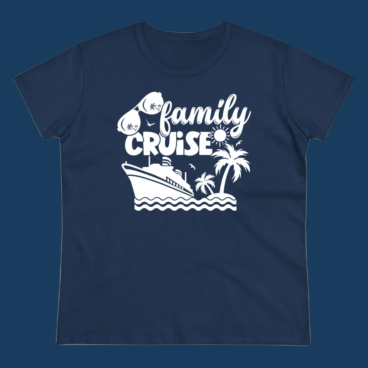 family-cruise-vacation illustration with ship, palm trees, sunglasses and text