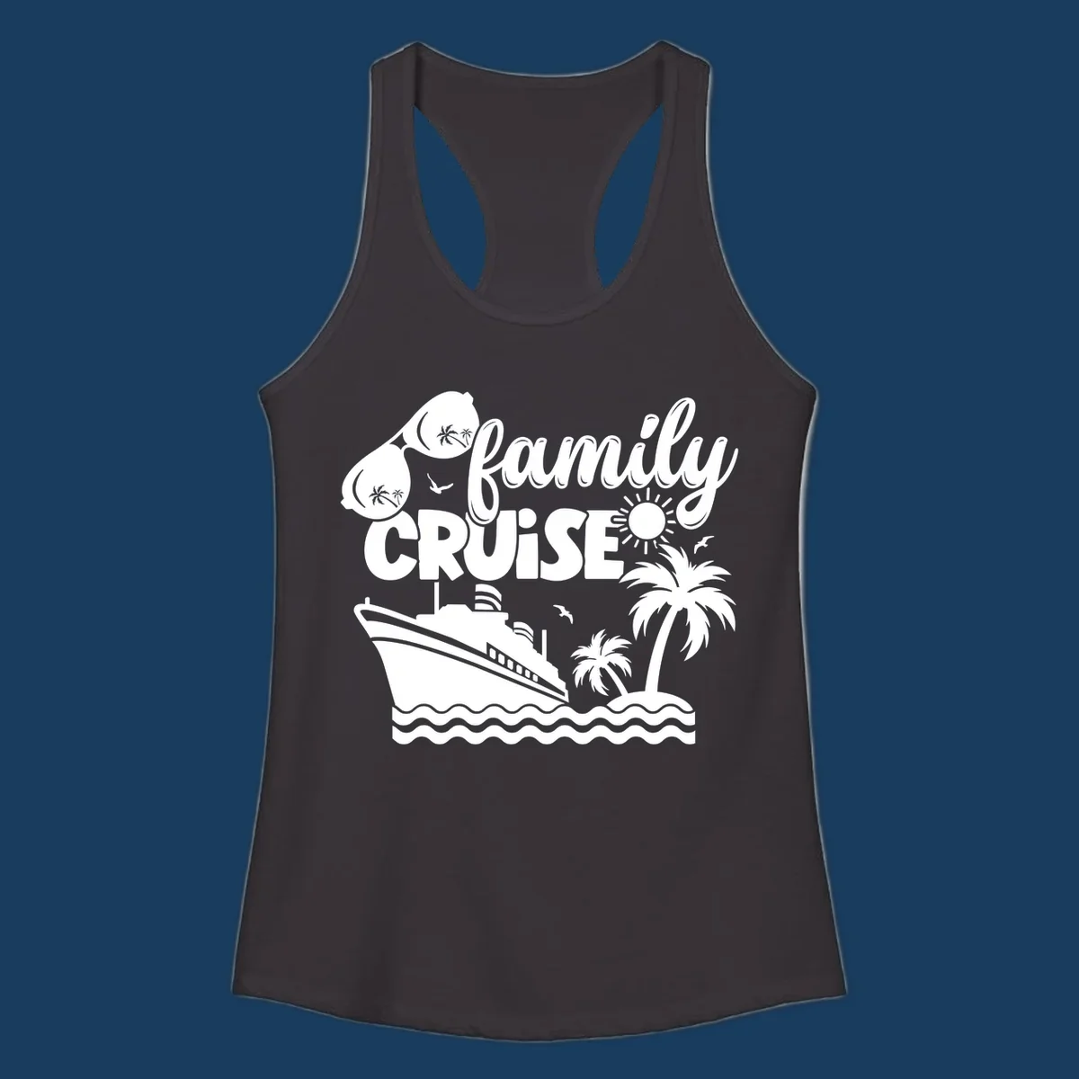 family-cruise-vacation illustration with ship, palm trees, sunglasses and text