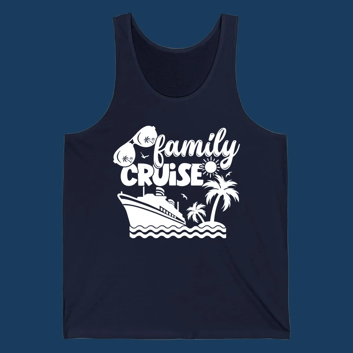family-cruise-vacation illustration with ship, palm trees, sunglasses and text