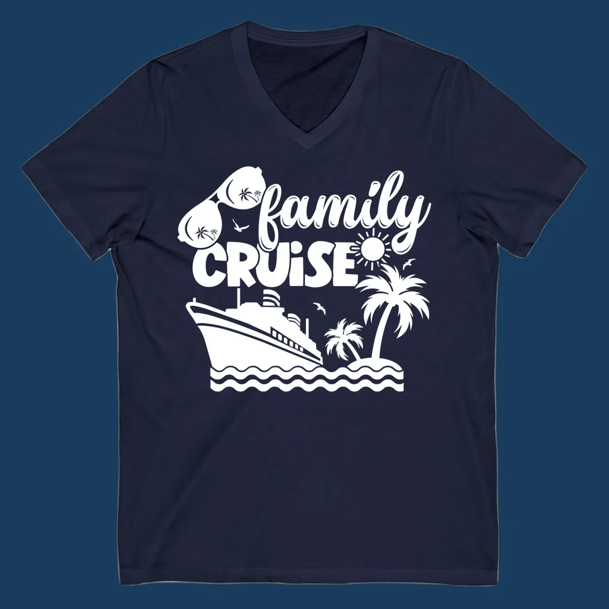 family-cruise-vacation illustration with ship, palm trees, sunglasses and text