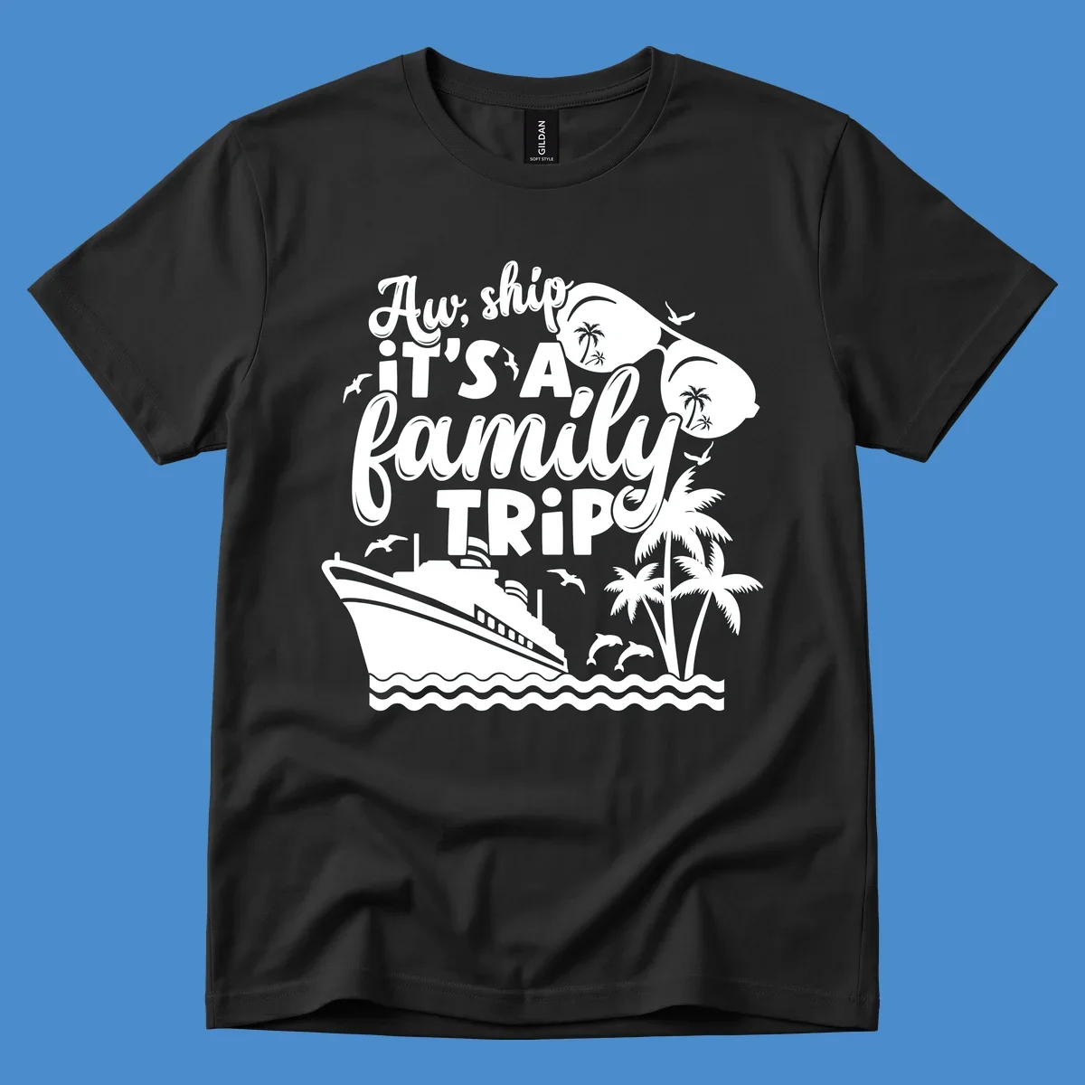 Aw, ship it's a family trip with cruise ship, palm trees, dolphins, and sunglasses. Funny cruise design.
