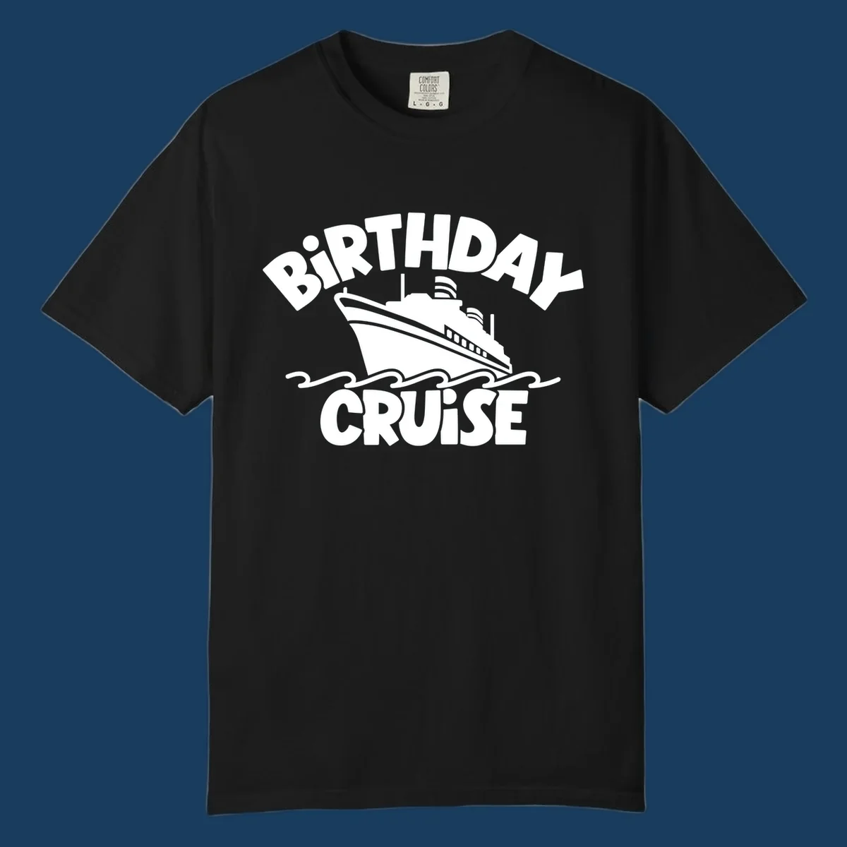 Birthday cruise ship design with text and waves