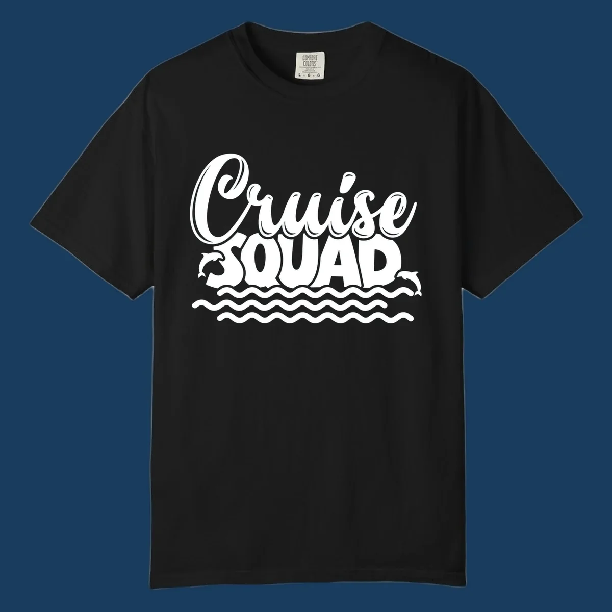 Cruise Squad graphic with dolphins and waves, perfect for a fun group cruise.