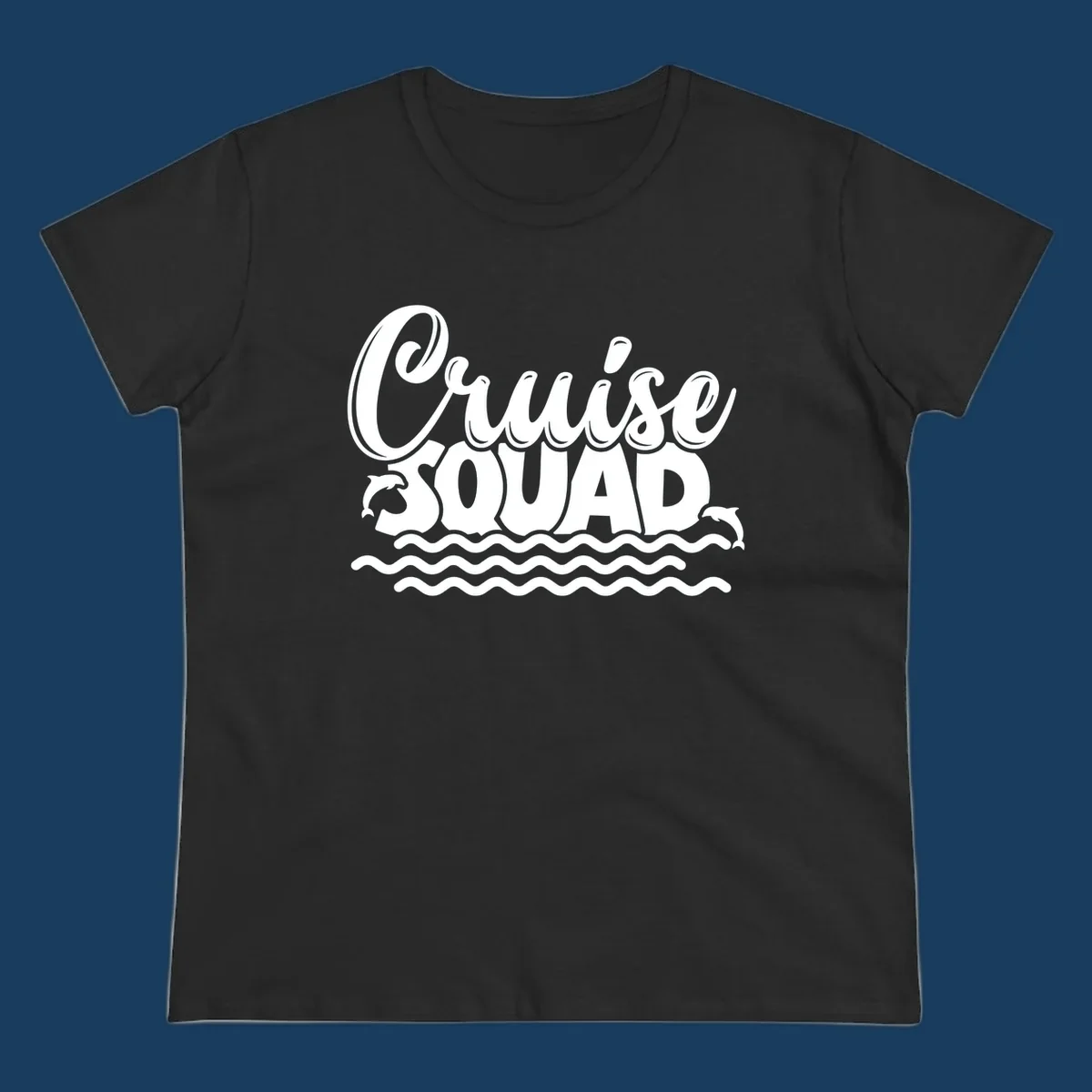 Cruise Squad graphic with dolphins and waves, perfect for a fun group cruise.