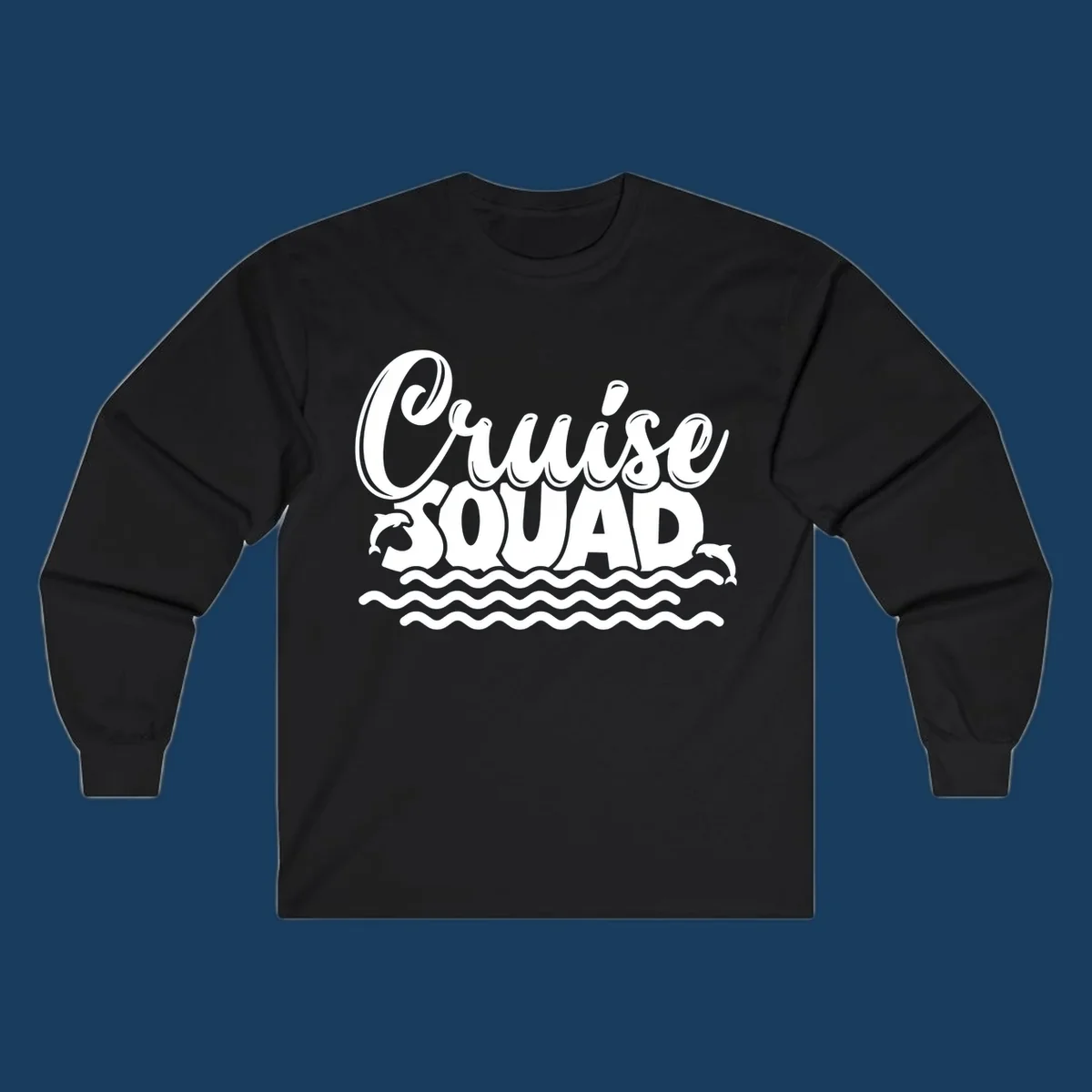 Cruise Squad graphic with dolphins and waves, perfect for a fun group cruise.