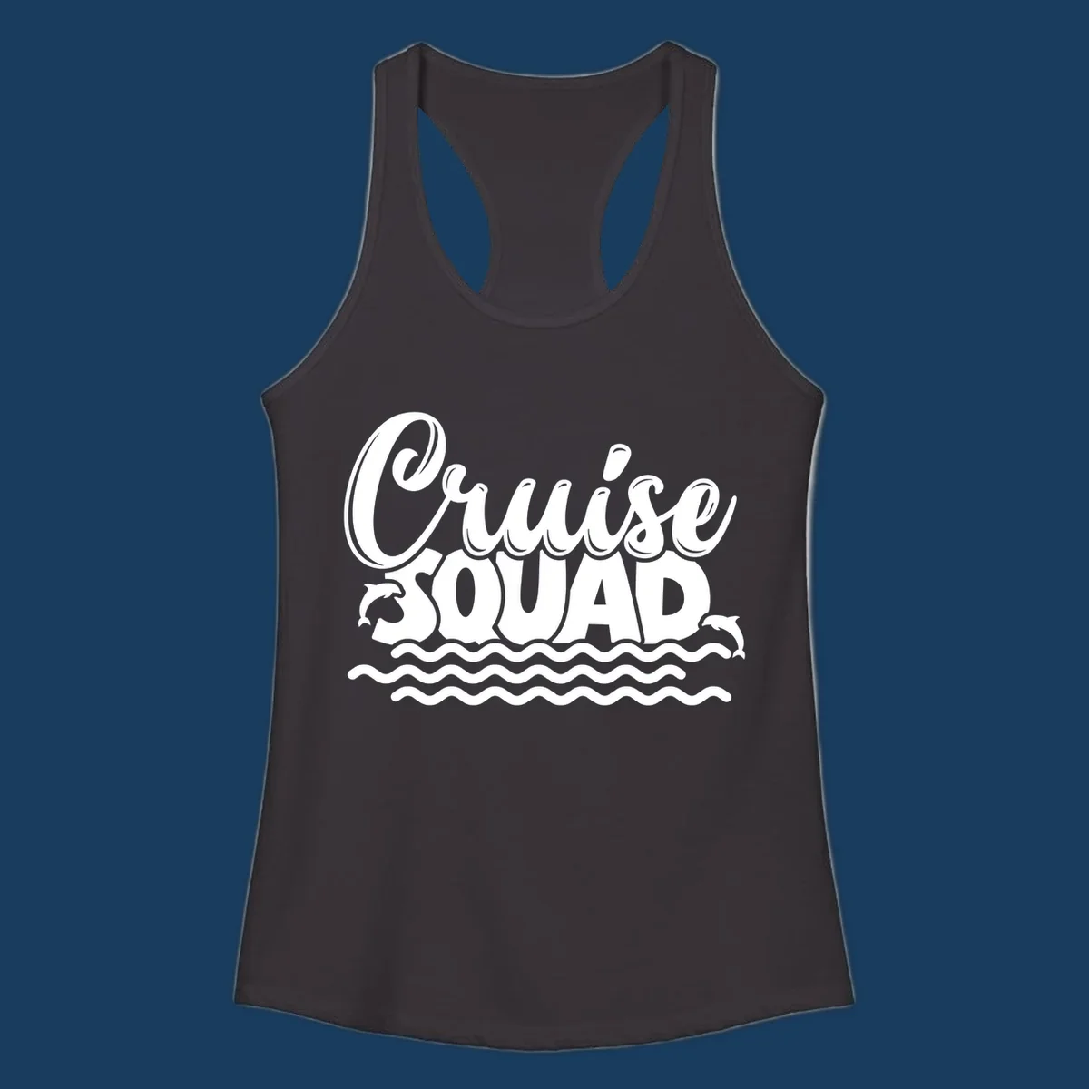 Cruise Squad graphic with dolphins and waves, perfect for a fun group cruise.
