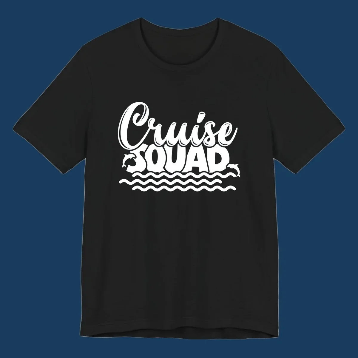 Cruise Squad graphic with dolphins and waves, perfect for a fun group cruise.