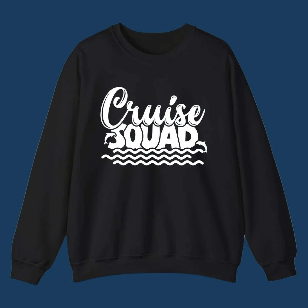 Cruise Squad graphic with dolphins and waves, perfect for a fun group cruise.
