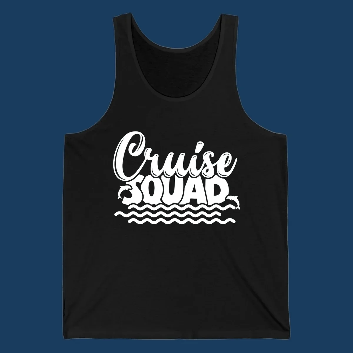 Cruise Squad graphic with dolphins and waves, perfect for a fun group cruise.