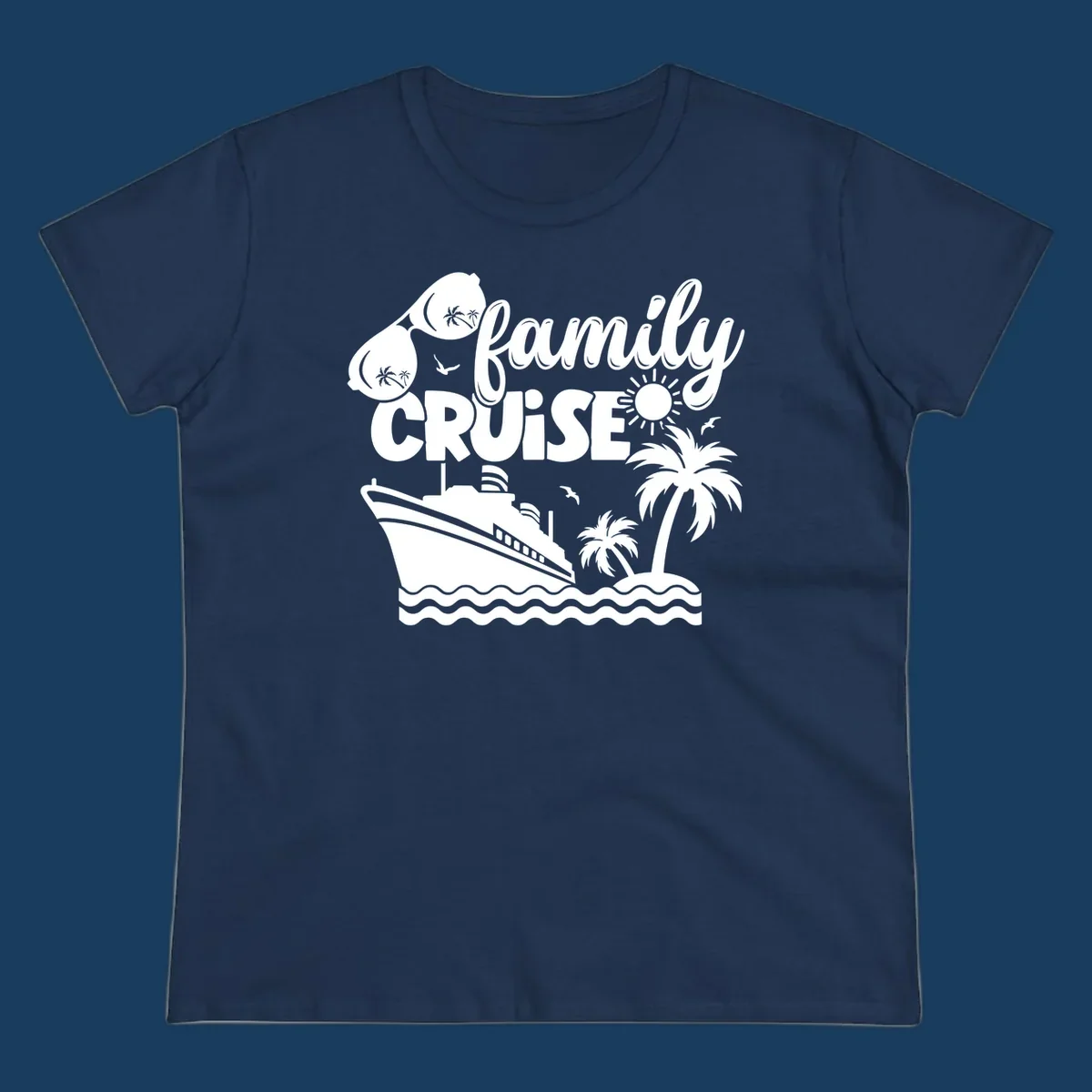 Family cruise design with ship, island, palm trees, sunglasses, and sun. Family cruise vibes.