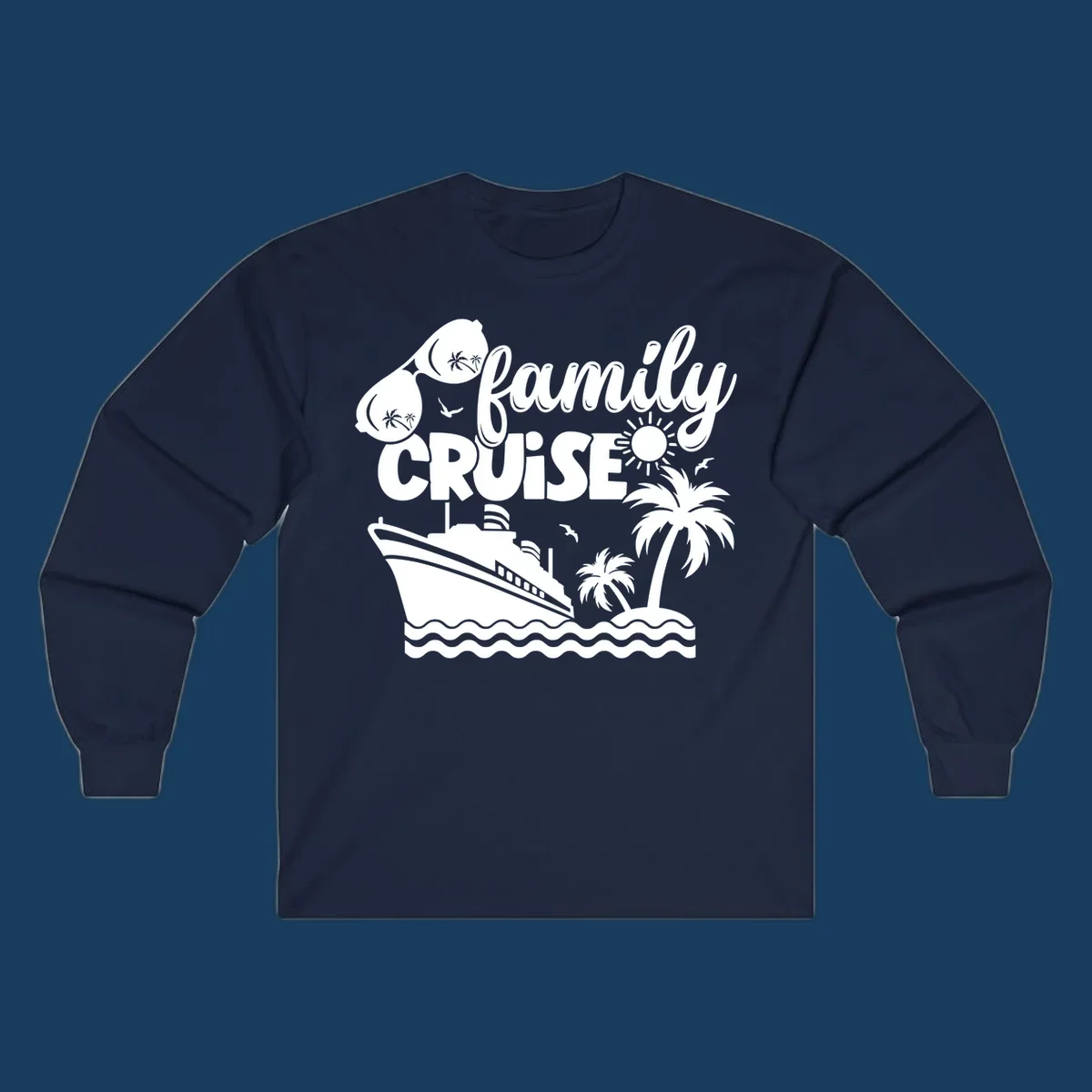 Family cruise design with ship, island, palm trees, sunglasses, and sun. Family cruise vibes.