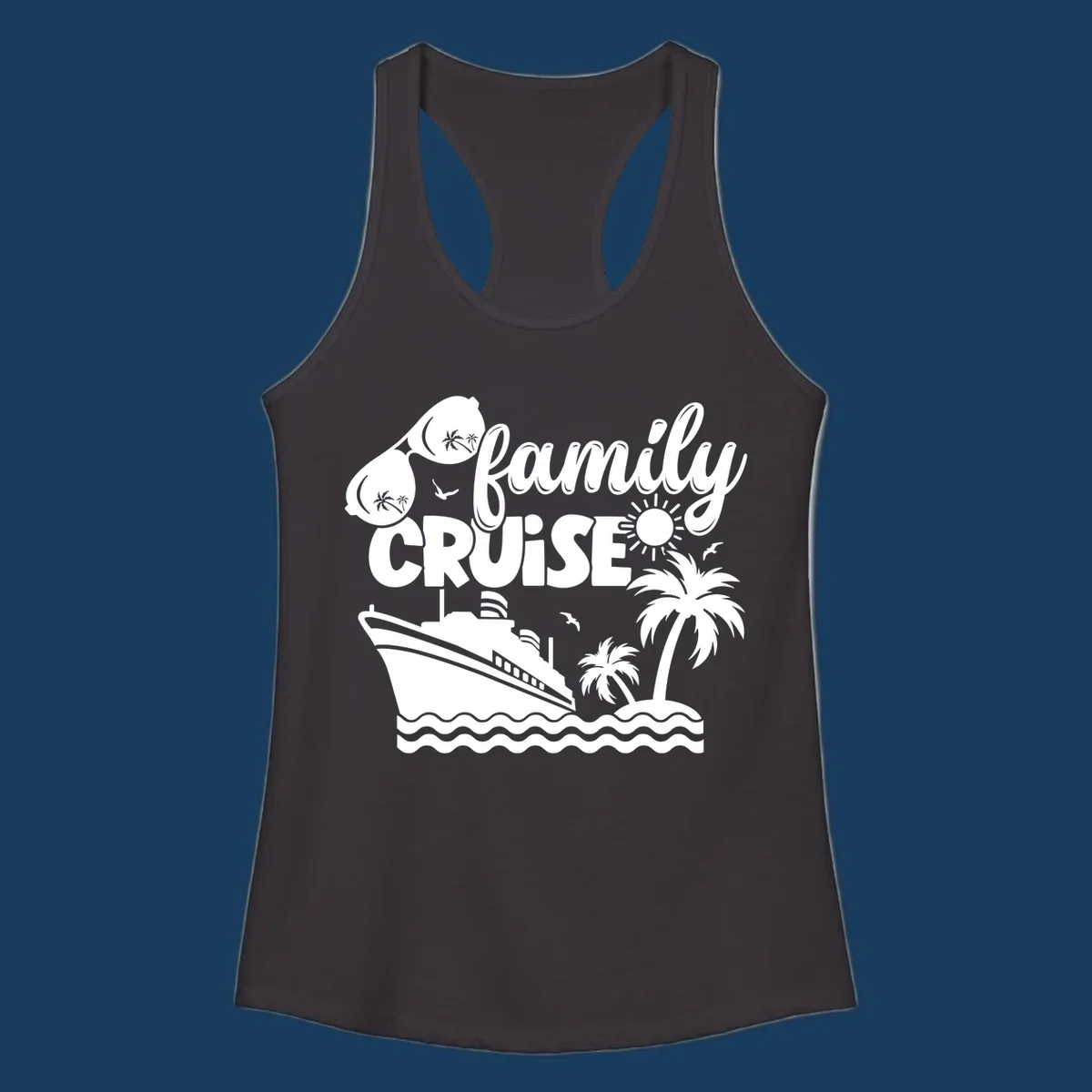 Family cruise design with ship, island, palm trees, sunglasses, and sun. Family cruise vibes.