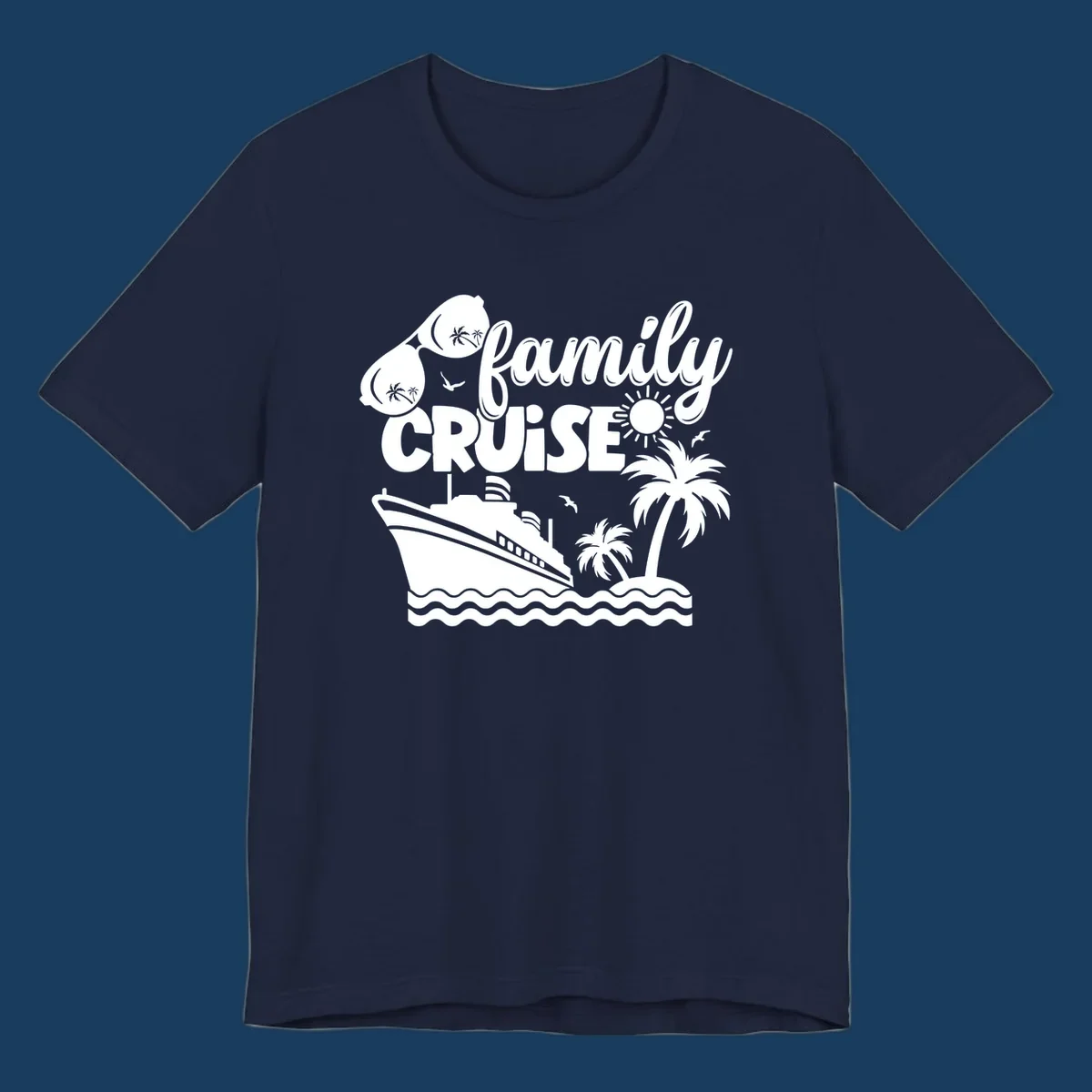 Family cruise design with ship, island, palm trees, sunglasses, and sun. Family cruise vibes.