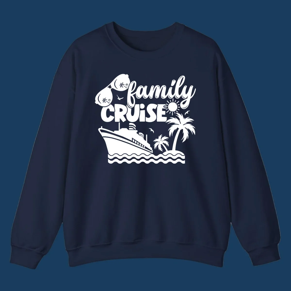 Family cruise design with ship, island, palm trees, sunglasses, and sun. Family cruise vibes.