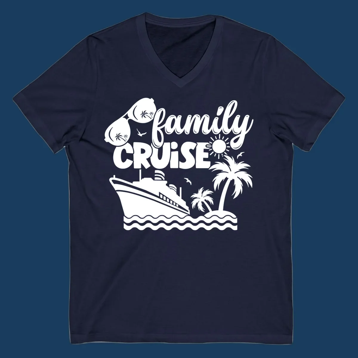 Family cruise design with ship, island, palm trees, sunglasses, and sun. Family cruise vibes.