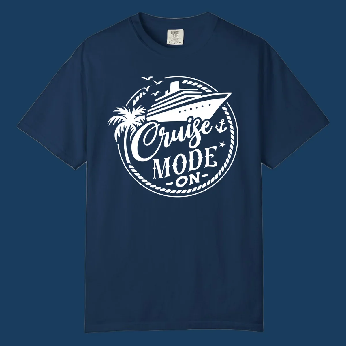 Cruise mode on badge with ship, palm tree, and text.