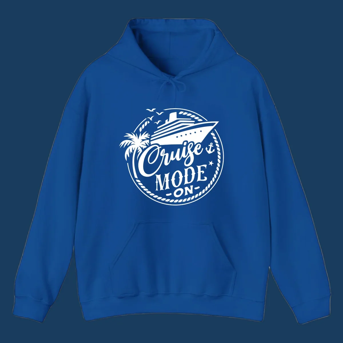 Cruise mode on badge with ship, palm tree, and text.