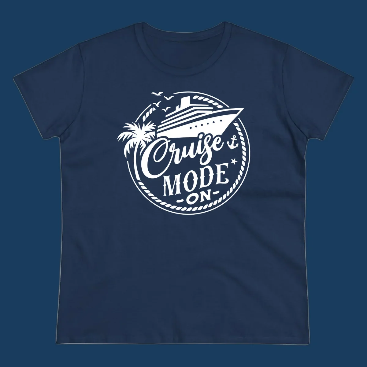 Cruise mode on badge with ship, palm tree, and text.
