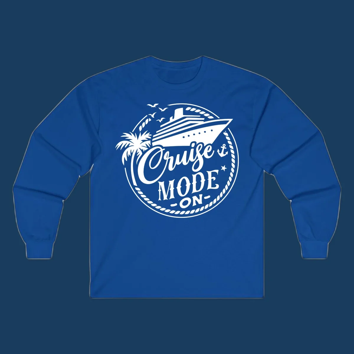 Cruise mode on badge with ship, palm tree, and text.