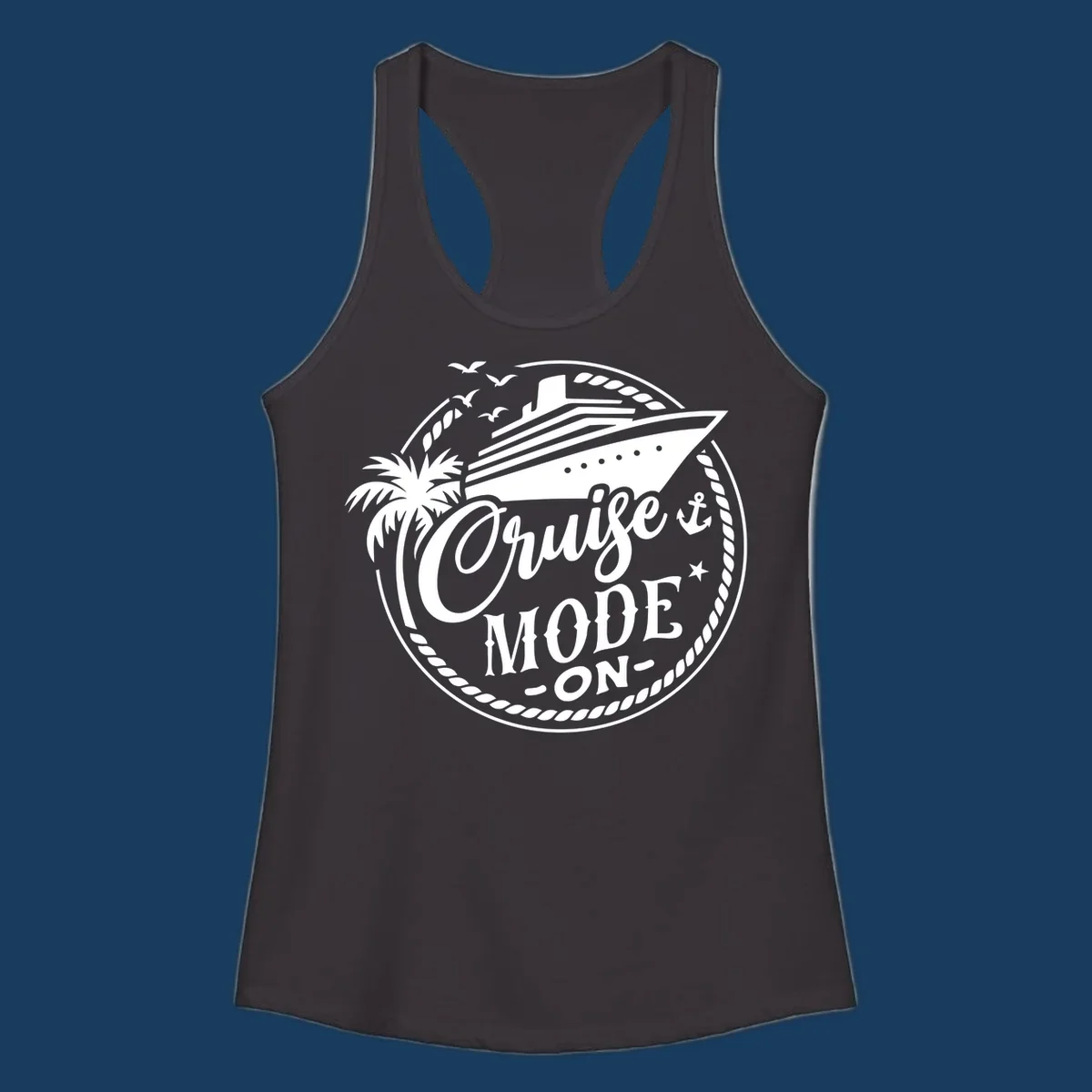 Cruise mode on badge with ship, palm tree, and text.