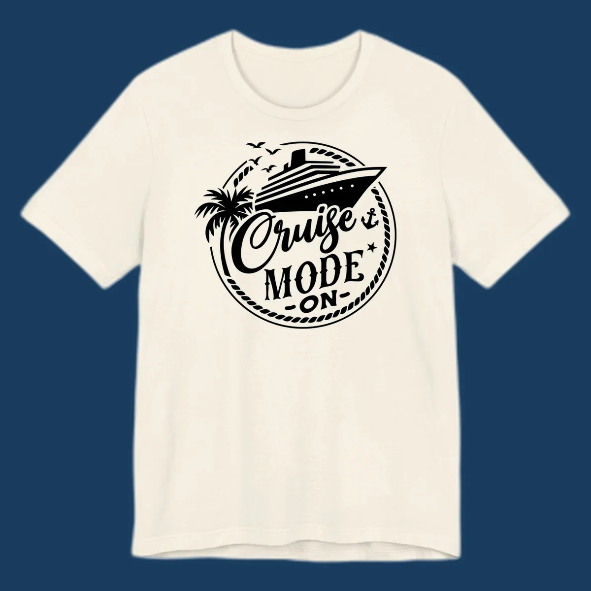 Cruise mode on badge with ship, palm tree, and text.