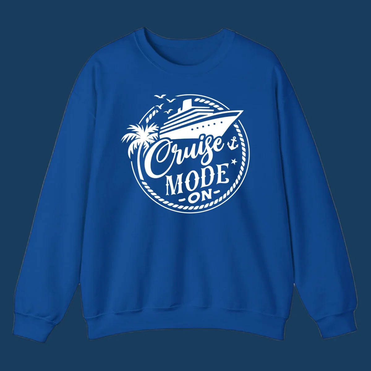 Cruise mode on badge with ship, palm tree, and text.
