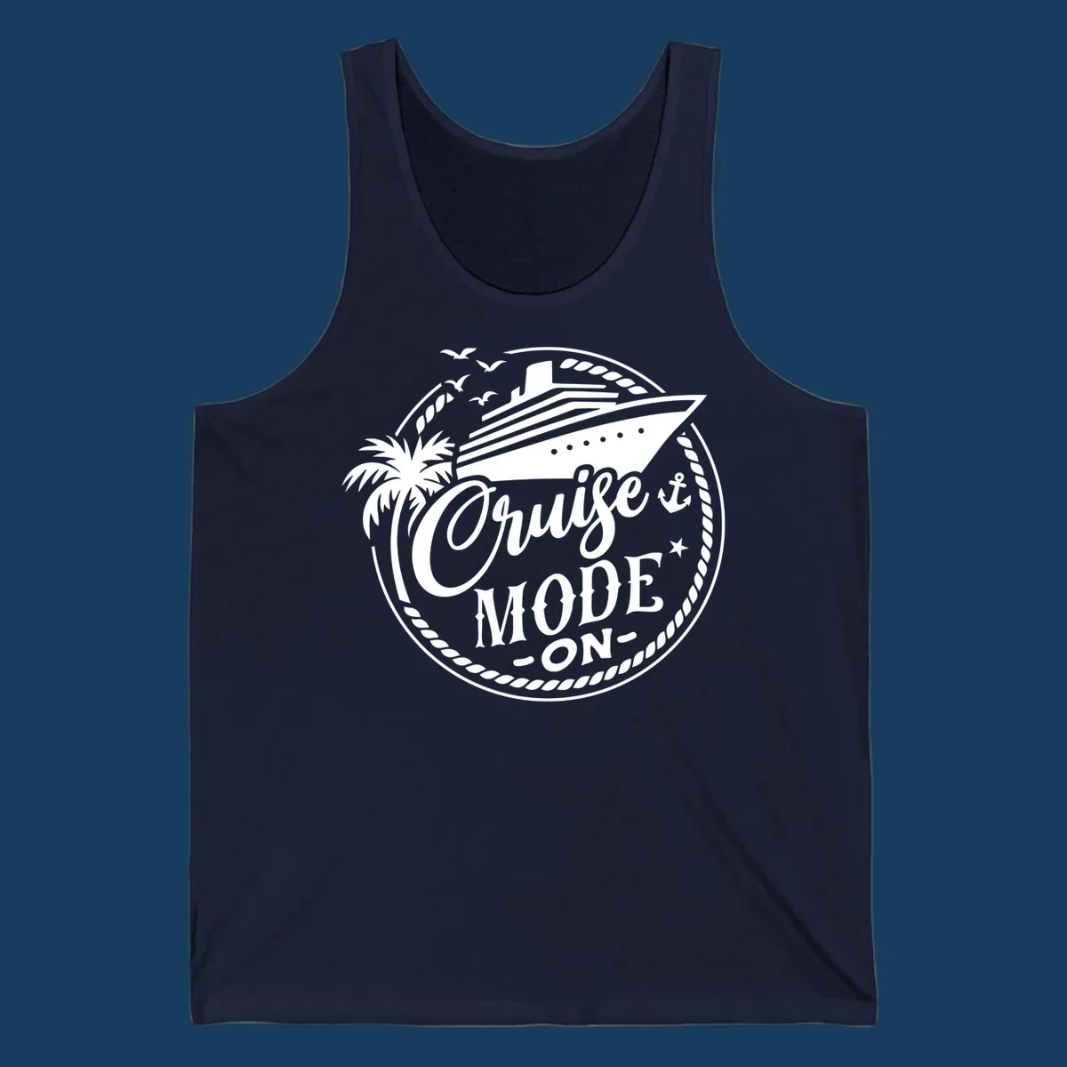 Cruise mode on badge with ship, palm tree, and text.