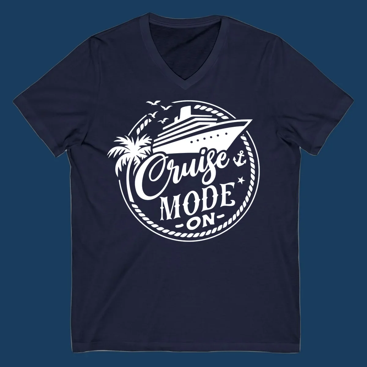 Cruise mode on badge with ship, palm tree, and text.