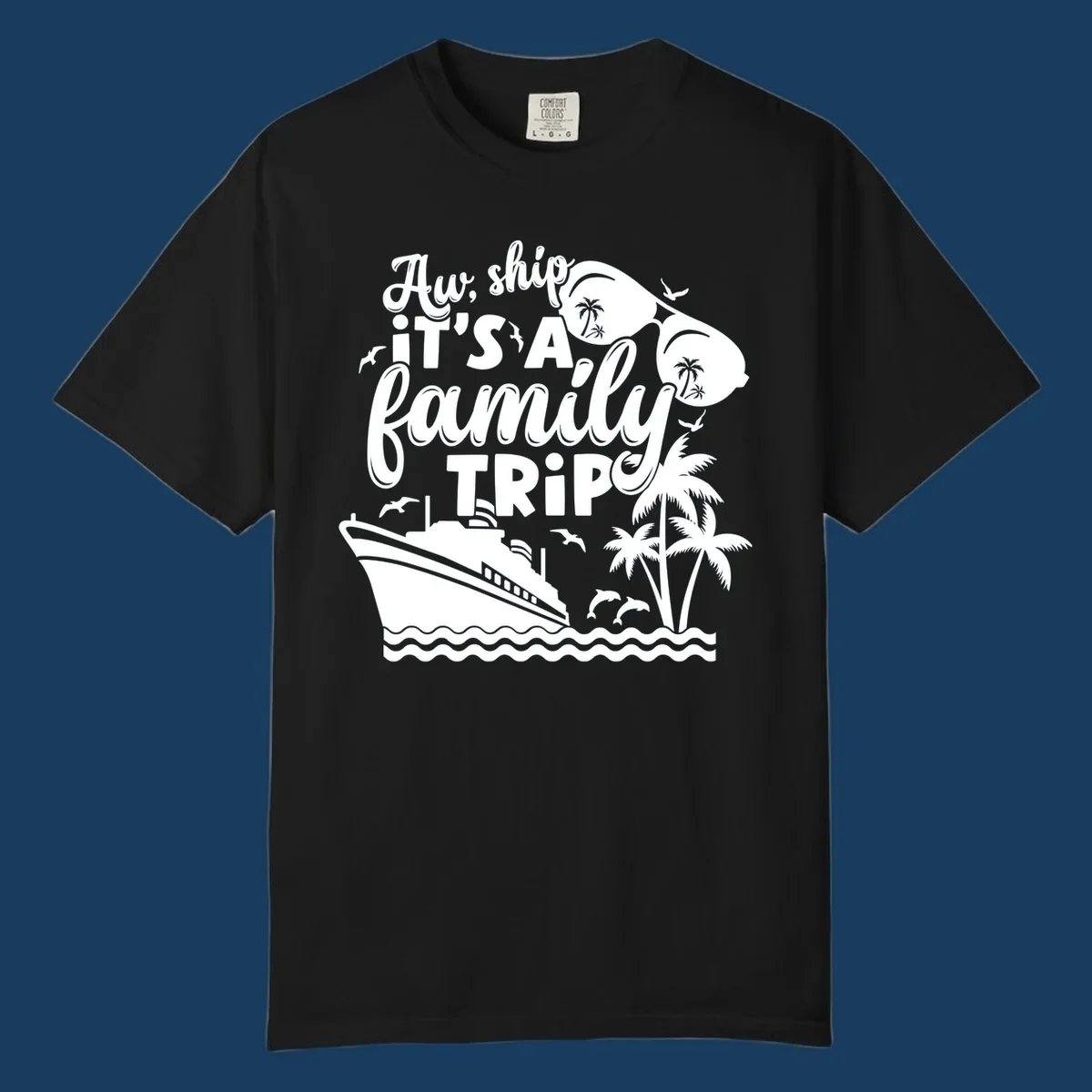 Family cruise trip text with ship, palm trees, dolphins and sunglasses illustration.