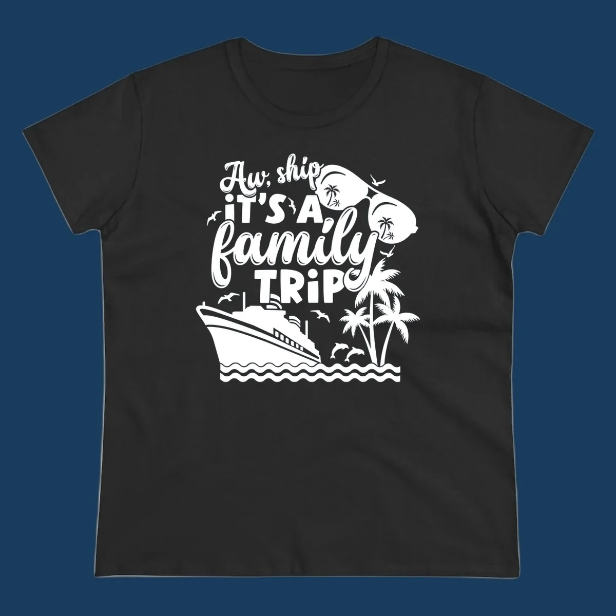 Family cruise trip text with ship, palm trees, dolphins and sunglasses illustration.