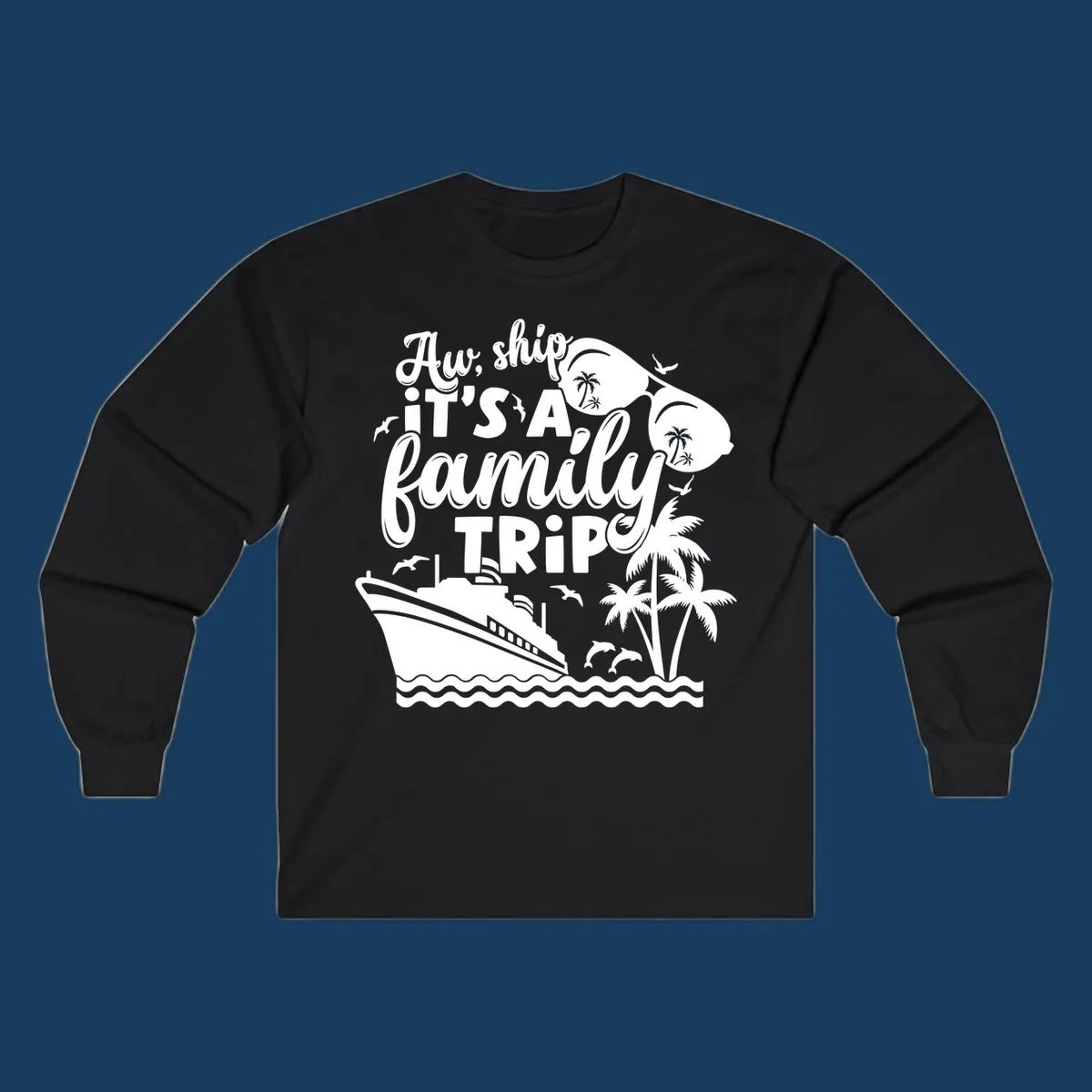 Family cruise trip text with ship, palm trees, dolphins and sunglasses illustration.