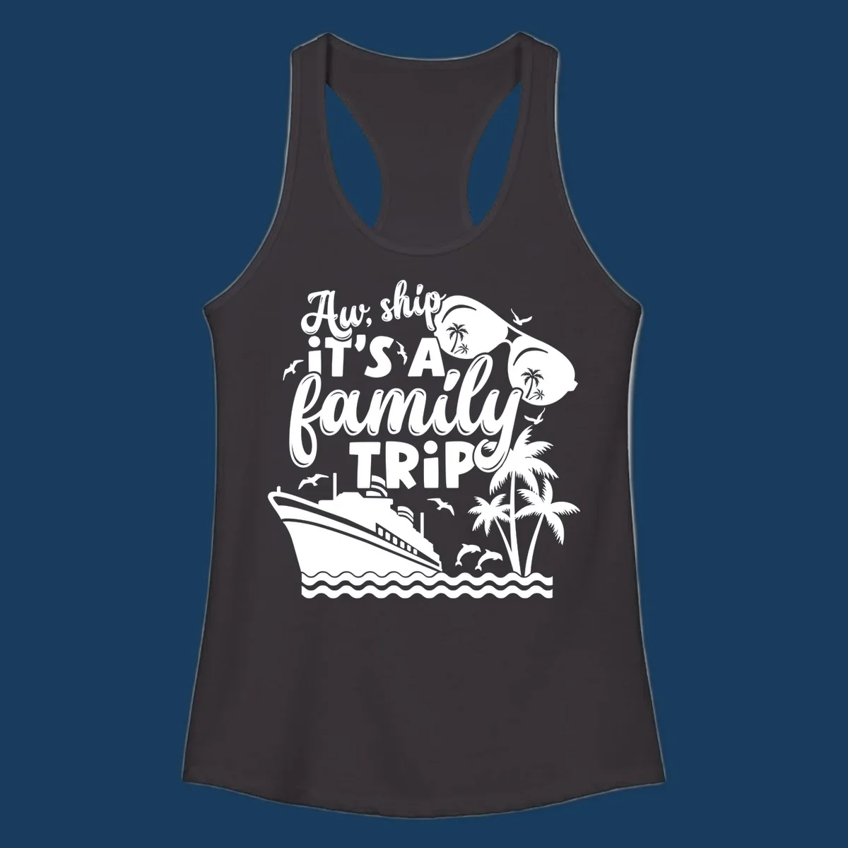 Family cruise trip text with ship, palm trees, dolphins and sunglasses illustration.