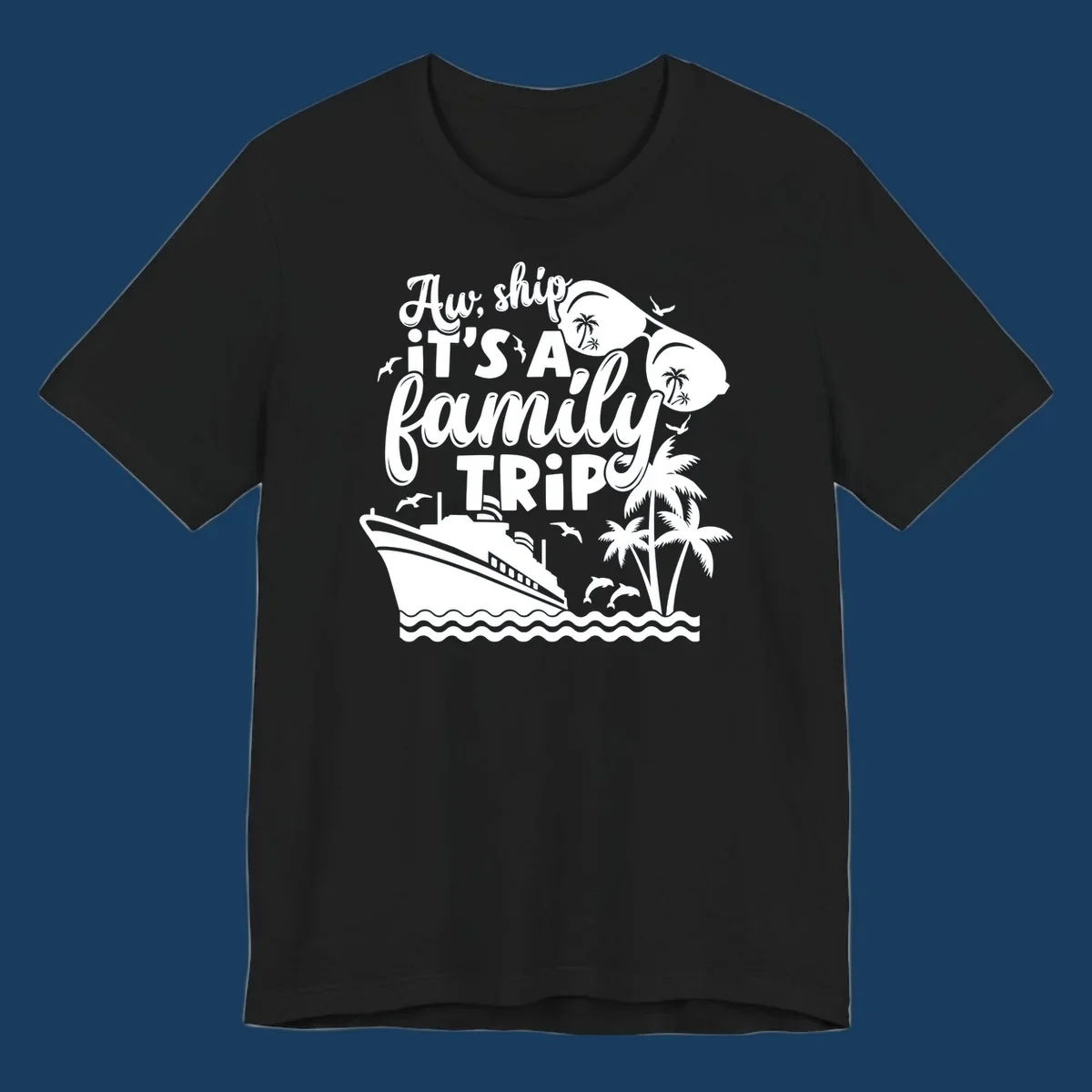 Family cruise trip text with ship, palm trees, dolphins and sunglasses illustration.
