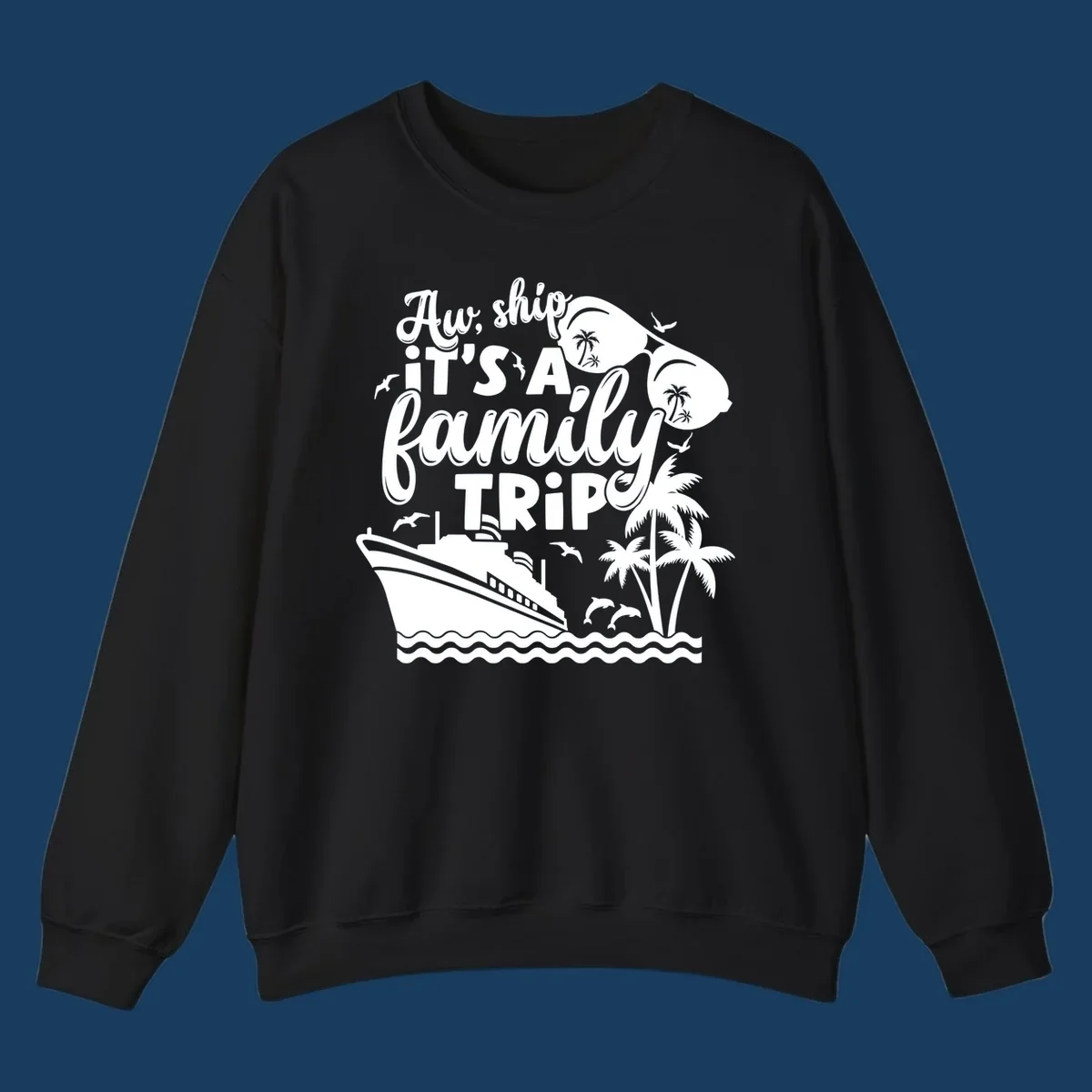 Family cruise trip text with ship, palm trees, dolphins and sunglasses illustration.