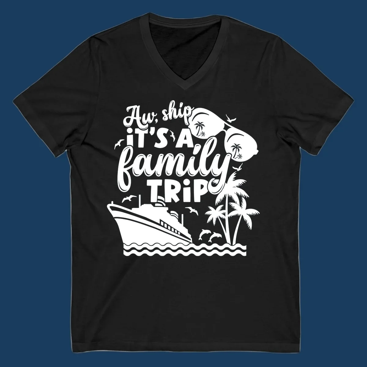 Family cruise trip text with ship, palm trees, dolphins and sunglasses illustration.